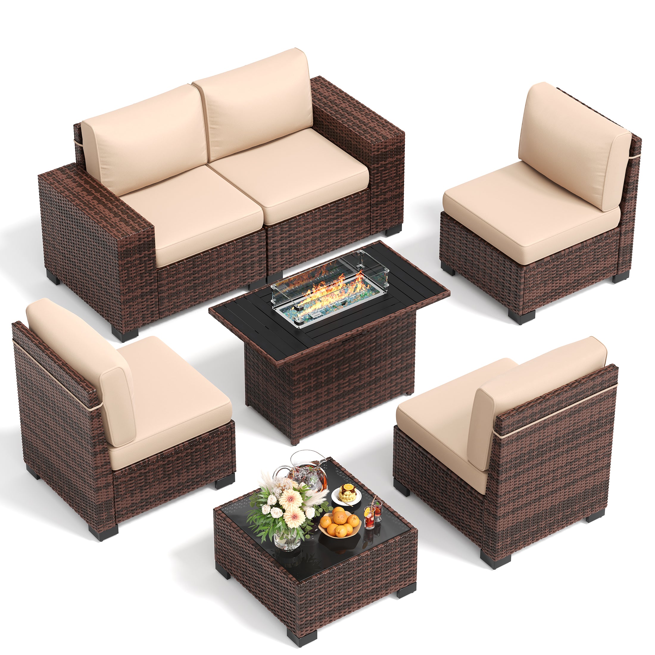 UDPATIO Patio Furniture Set with Fire Pit Table, Outdoor Patio Sofa Set With Wide Armrest, All-Weather Wicker Rattan Guest Set With Cushion And Glass Table And Waterproof Cover, Brown&Khaki