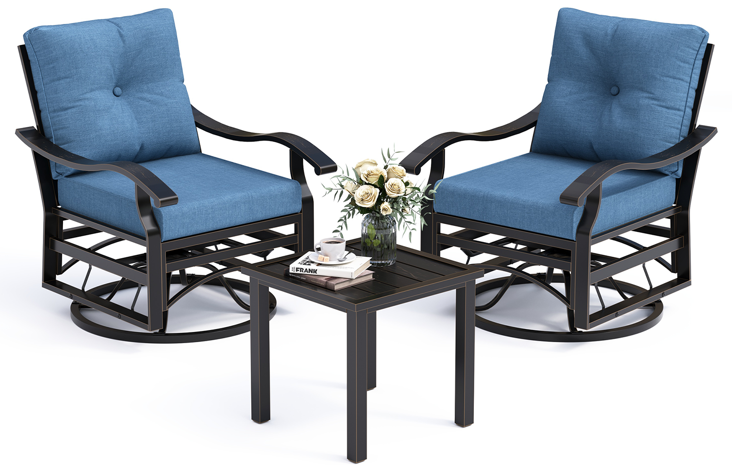 UDPATIO Outdoor Swivel Rocker Chairs, 3 Piece Metal Patio Rocking Chairs with Blue Padded Cushions Patio Bistro Furniture Set with Side Table for Porch Balcony Backyard
