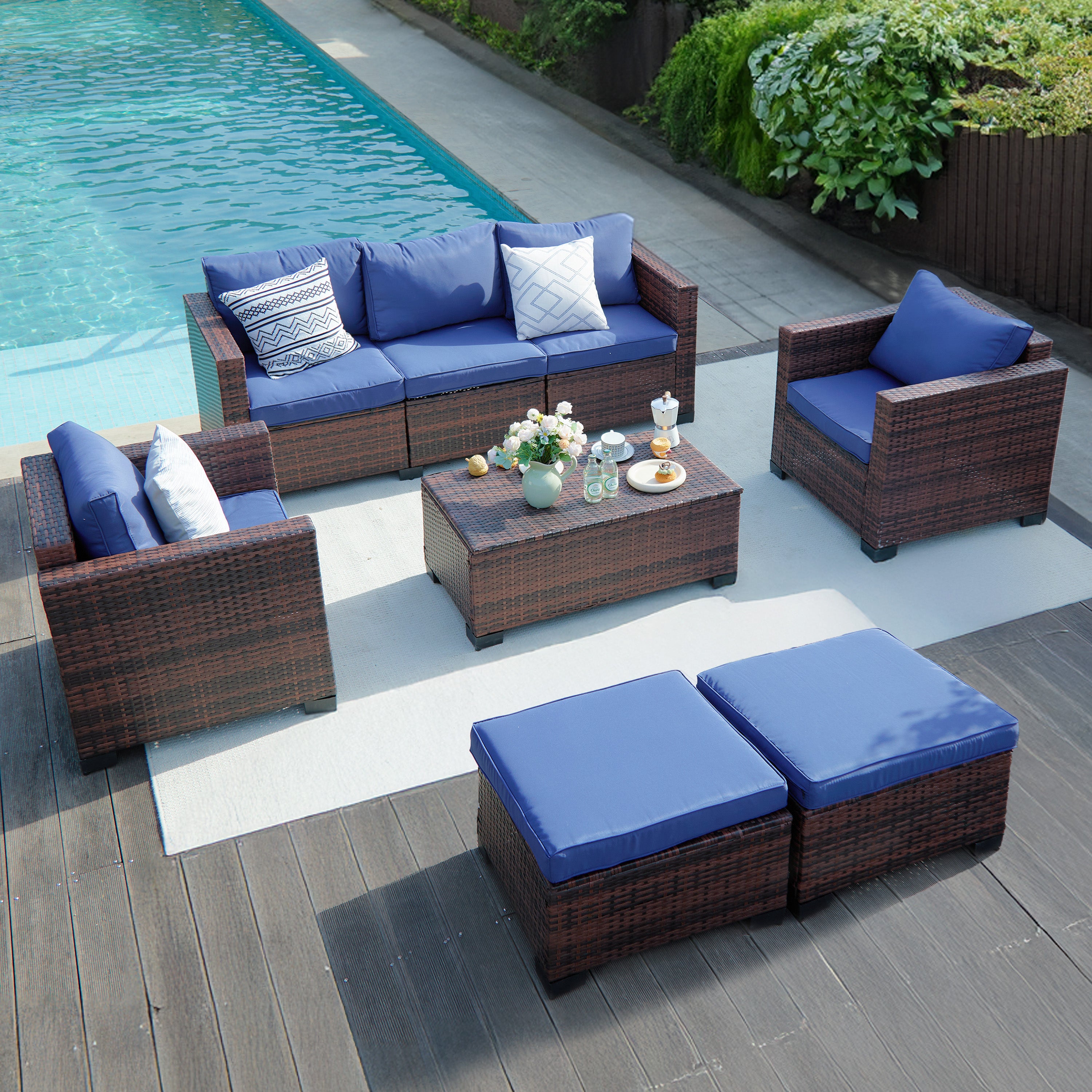 B0CJ6QDVTH Patio Furniture Sets with Ottoman & Storage Table