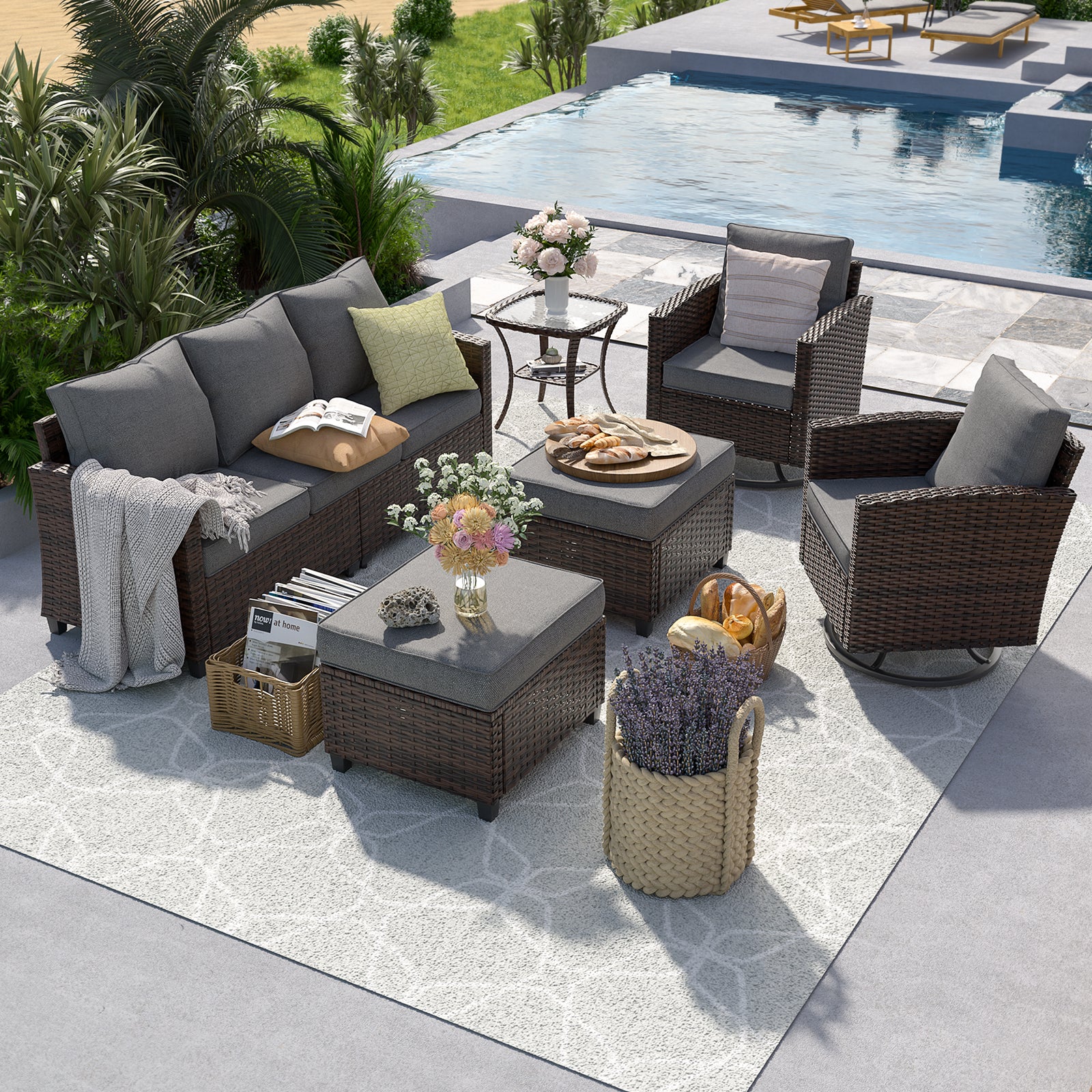 UDPATIO Patio Furniture Set, 6 Pieces Outdoor Sectional Couch, Brown Wicker Rattan Conversation Sofa with Swivel Rocking Chair, 4" Thick Cushion for Garden Backyard Deck, Dark Grey