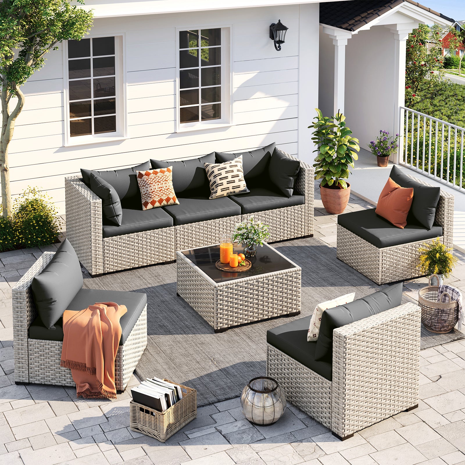 UDPATIO Outdoor Patio Furniture Set, 7-Piece PE Wicker Sectional Sofa with Tea Table, Outdoor Conversation Set for Patio, Garden, Backyard