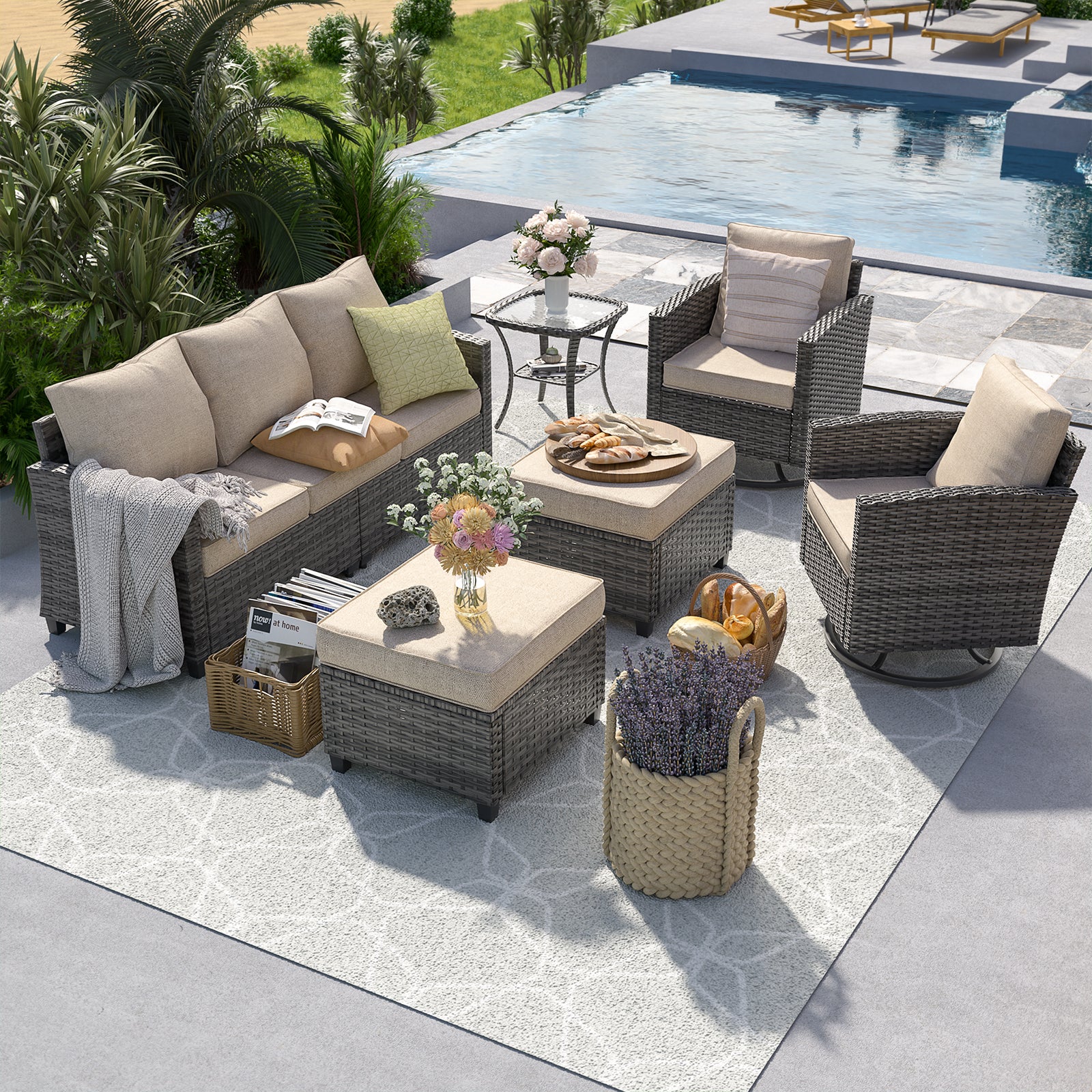 UDPATIO Patio Furniture Set, 6 Pieces Outdoor Sectional Couch, Gray Wicker Rattan Conversation Sofa with Swivel Rocking Chair, 4" Thick Cushion for Garden Backyard Deck, Khaki
