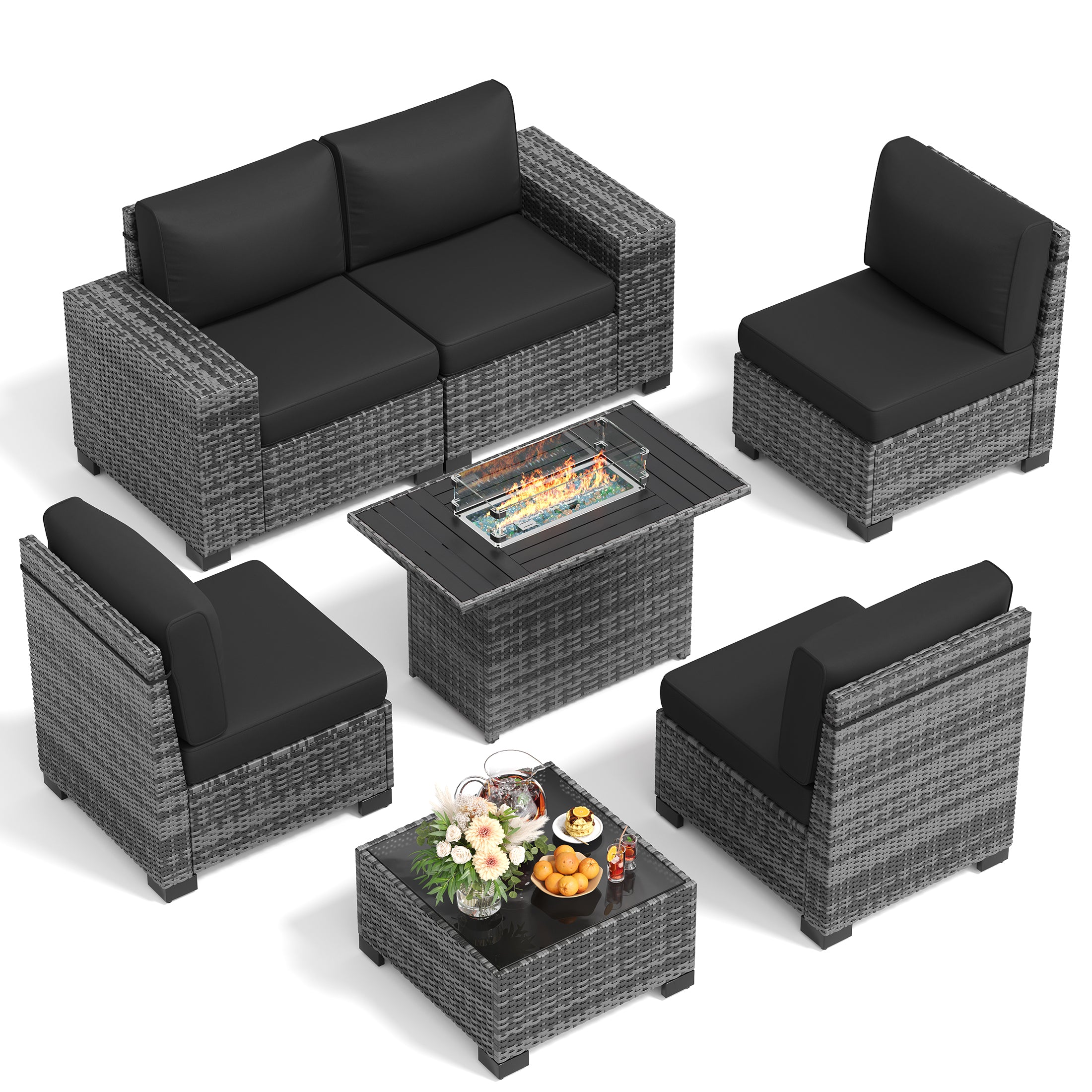 UDPATIO Patio Furniture Set with Fire Pit Table, Outdoor Patio Sofa Set With Wide Armrest, All-Weather Wicker Rattan Guest Set With Cushion And Glass Table And Waterproof Cover, Gray&Black