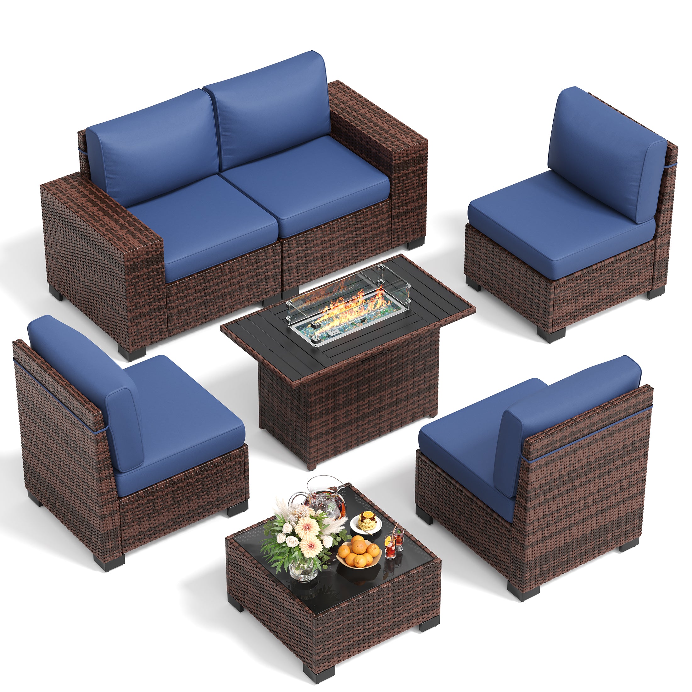 UDPATIO Patio Furniture Set with Fire Pit Table, Outdoor Patio Sofa Set With Wide Armrest, All-Weather Wicker Rattan Guest Set With Cushion And Glass Table And Waterproof Cover, Brown&Navy Blue