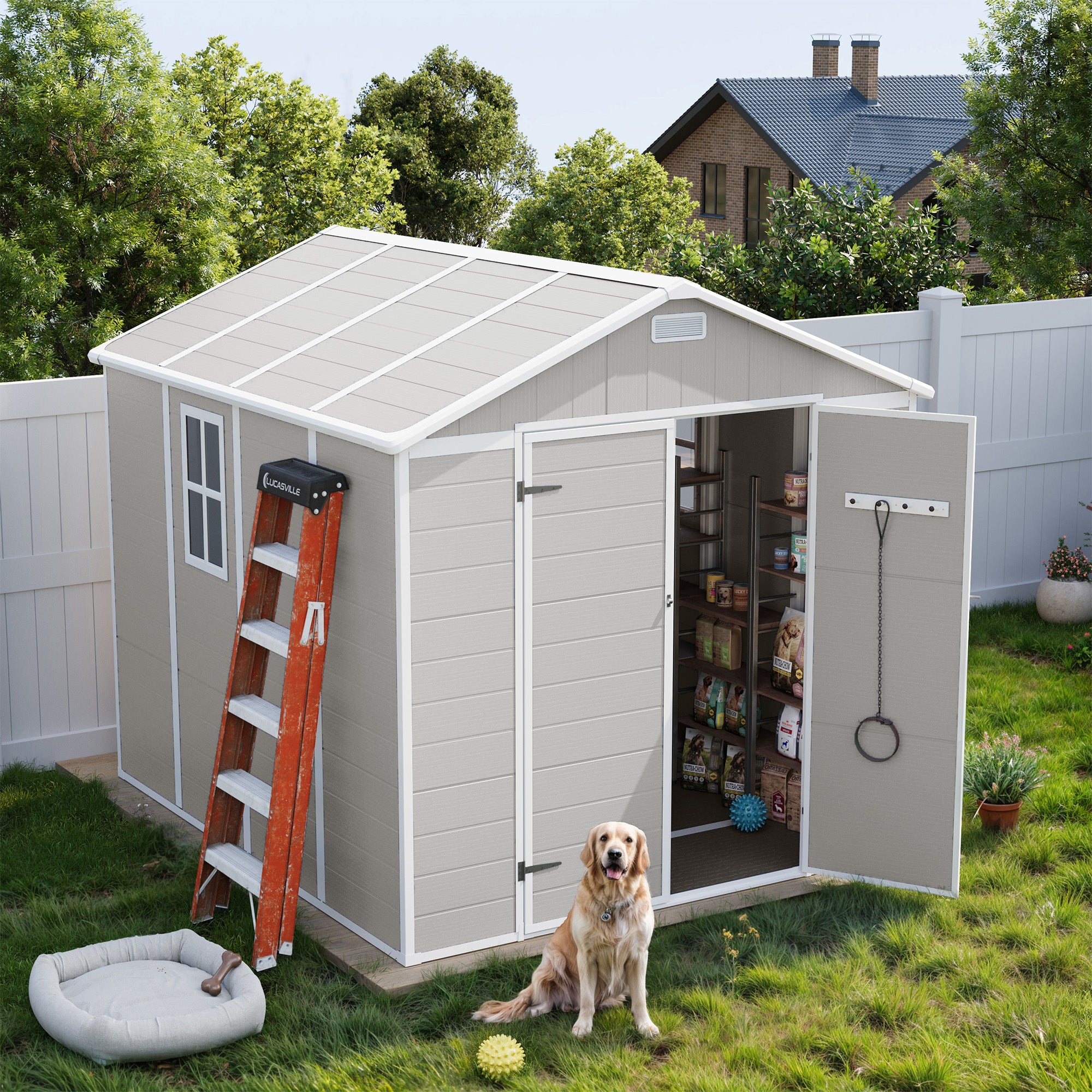 UDPATIO Resin Storage Shed 8 x 8 FT, Outdoor Garden Sheds with Floor Plastic Patio Outdoor Storage Shed with Lockable Door, Sandstone