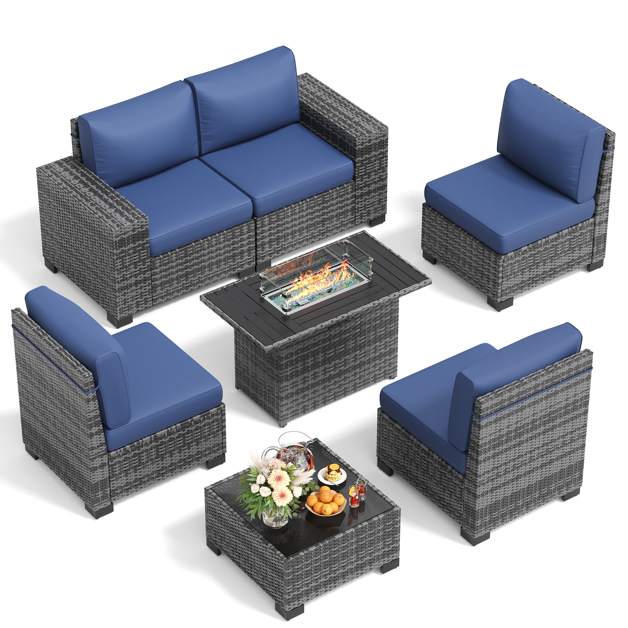 UDPATIO Patio Furniture Set with Fire Pit Table, Outdoor Patio Sofa Set With Wide Armrest, All-Weather Wicker Rattan Guest Set With Cushion And Glass Table And Waterproof Cover, Grey&Navy Blue