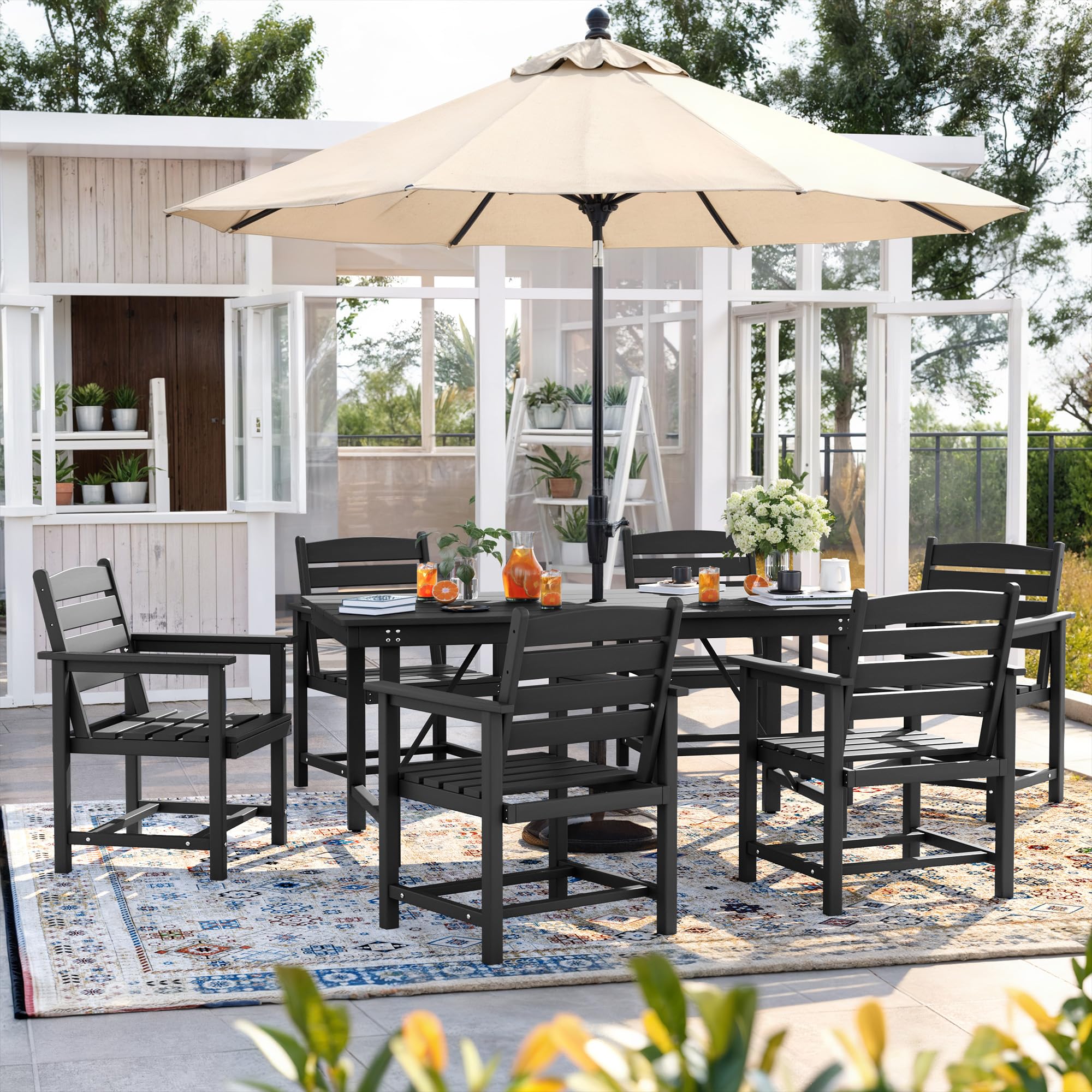 UDPATIO 7 Piece Patio Dining Table Sets, Outdoor HDPE Dining Furniture Set with Umbrella Hole Cut-Out Table and 6 Chairs, All Weather Dining Set for Lawn, Garden, Backyard, Poolside, Black