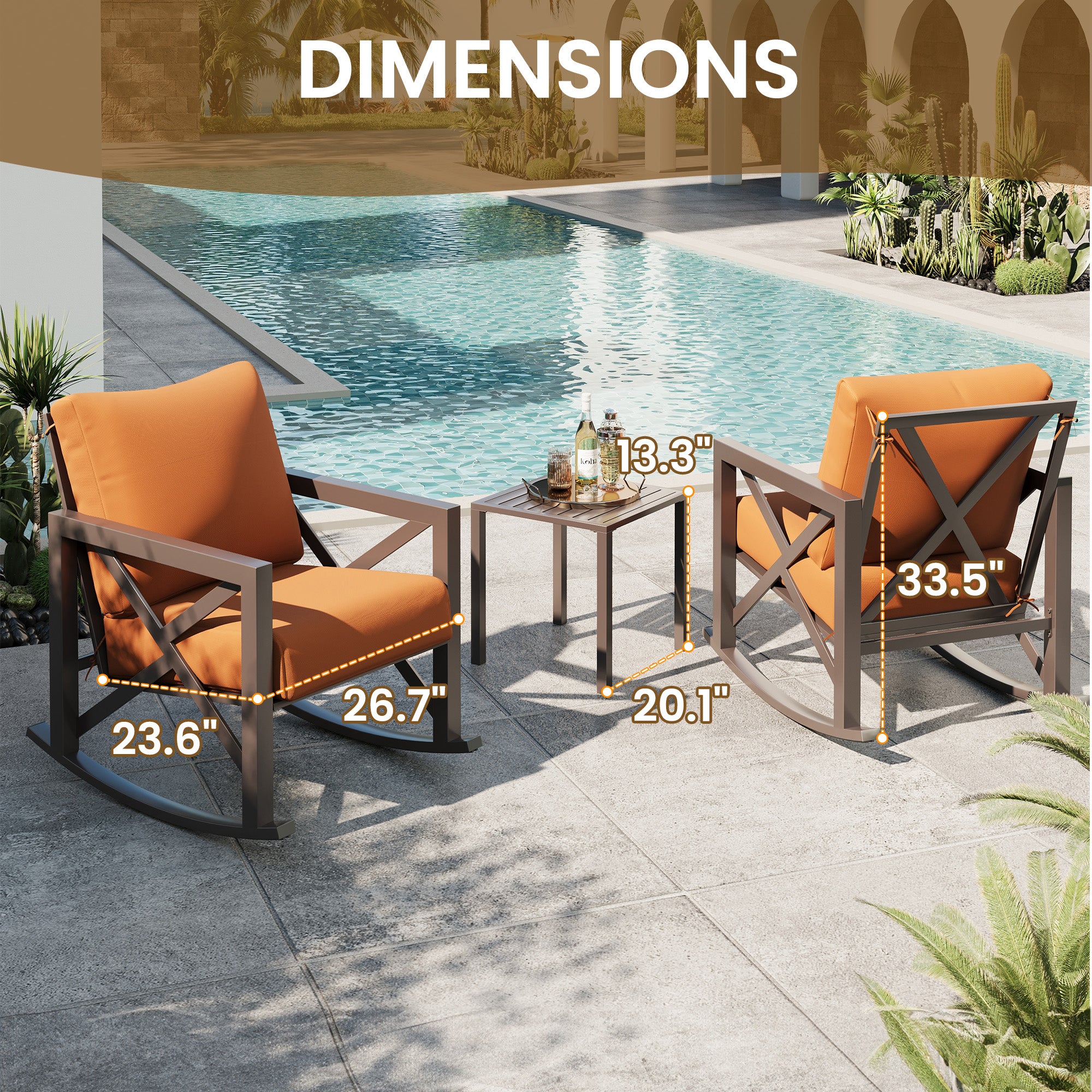 UDPATIO Rocking Chair Outdoor Set 2 with Coffee Table, 3 Piece Metal Rocking Bistro Set with 6.5" Water-Resistant Cushions, Oversized, 350lbs Heavy-Duty, for Porch, Patio, Balcony
