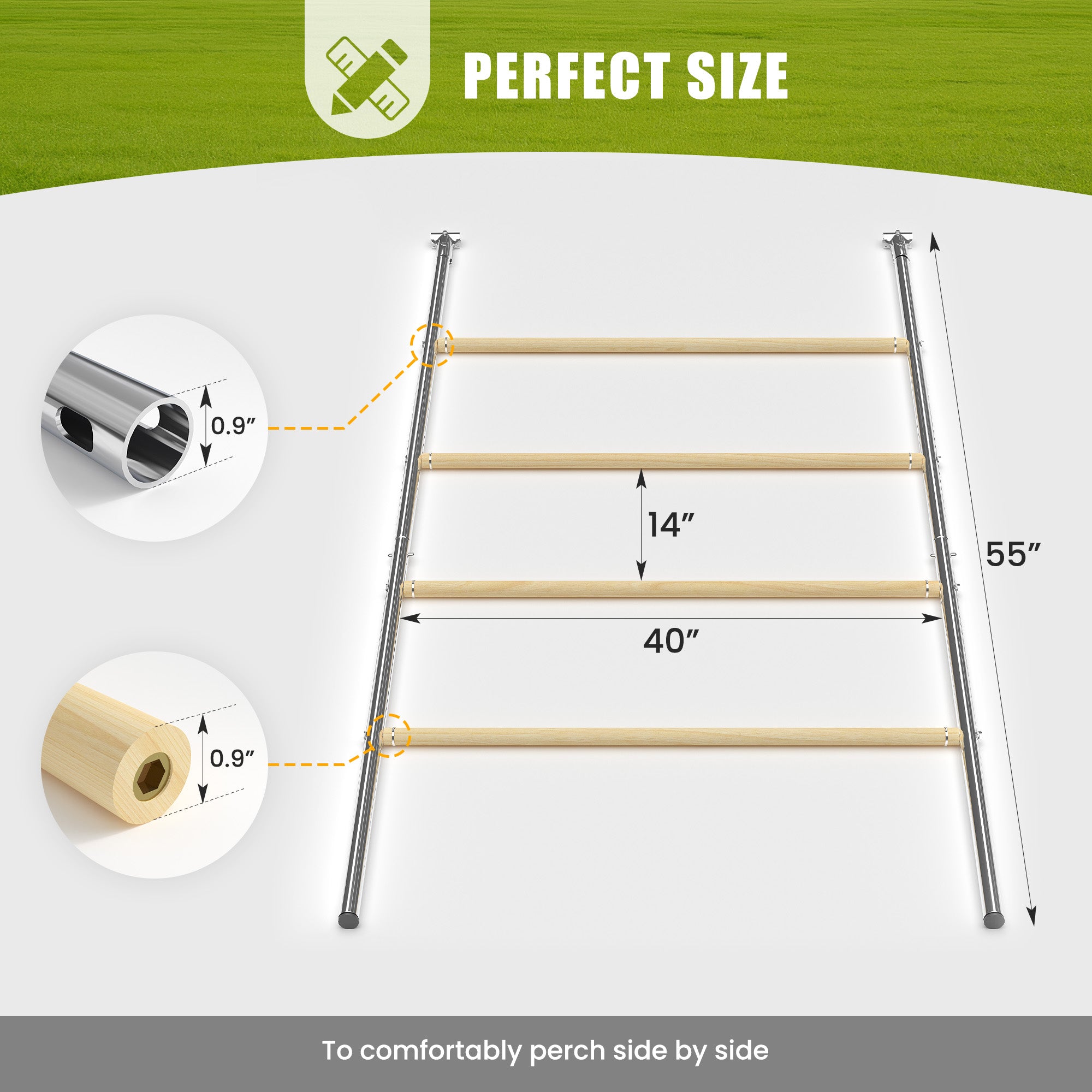 Chicken Roosting Perch - Heavy Duty 4-Tier Metal & Wood Chicken Roost Bars, Large Cock Coop Accessory - Easy Install (55"L x 40"W) for Backyard Poultry, Hens & Farm Pens
