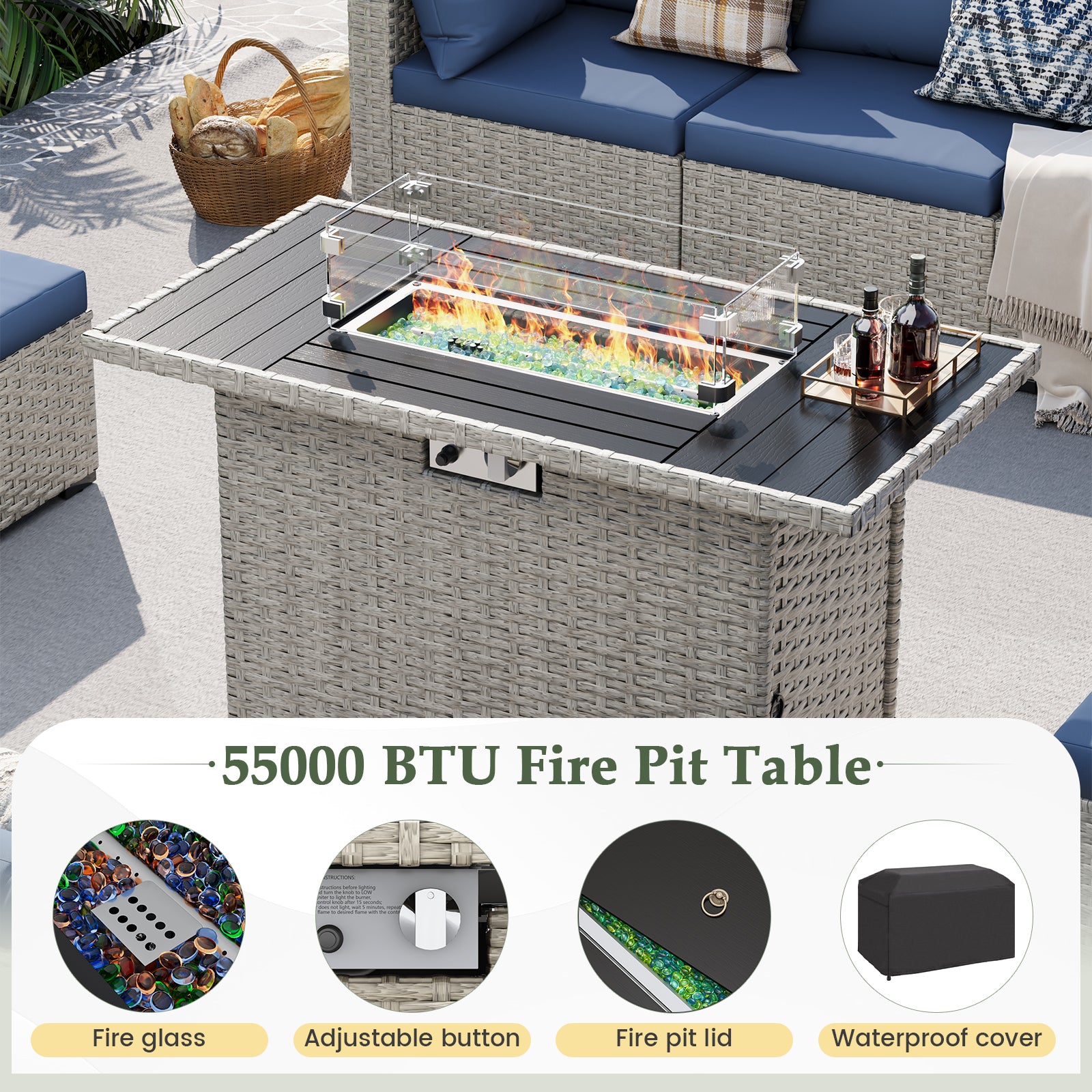 UDPATIO Patio Furniture Set with Fire Pit Table, 8 Pieces Outdoor Sectional Sofa, PE Wicker Patio Conversation Set for Garden, Backyard Green