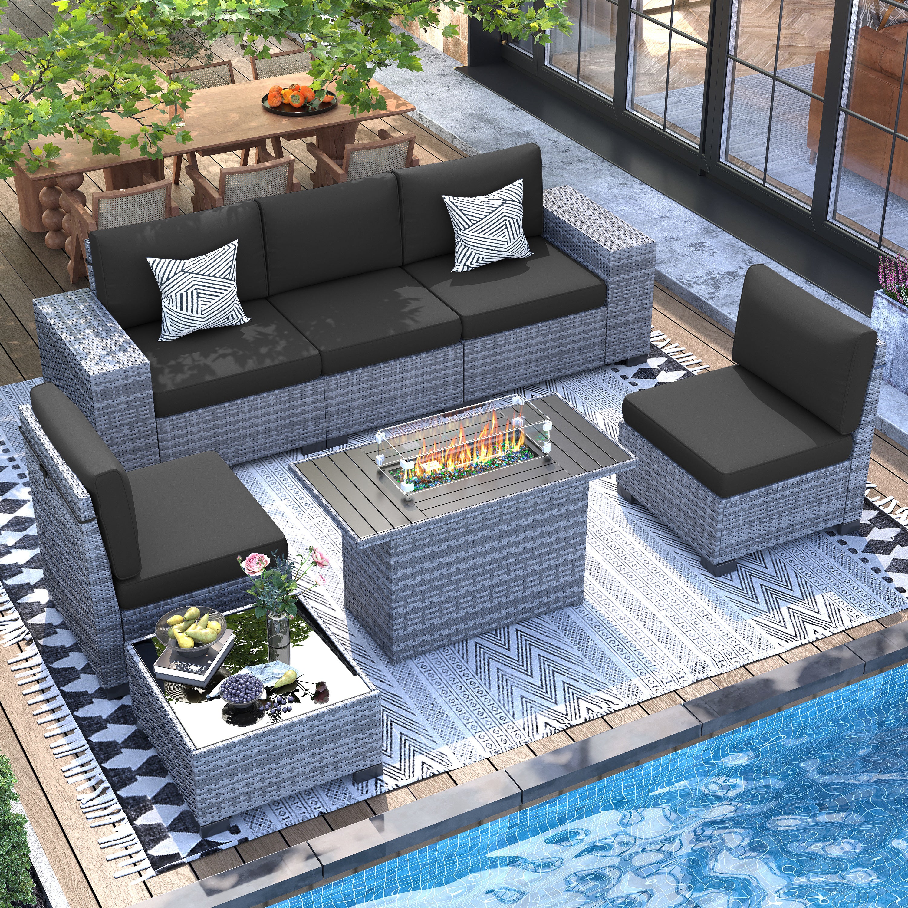 UDPATIO 7 Piece Patio Furniture Set with Fire Pit Table, 8''Wide Armrest Modular Rattan Outdoor Sectional  Sofa Set,Wicker Patio Conversation Sets for Backyard,Deck w/ 4'' Cushions,Cover