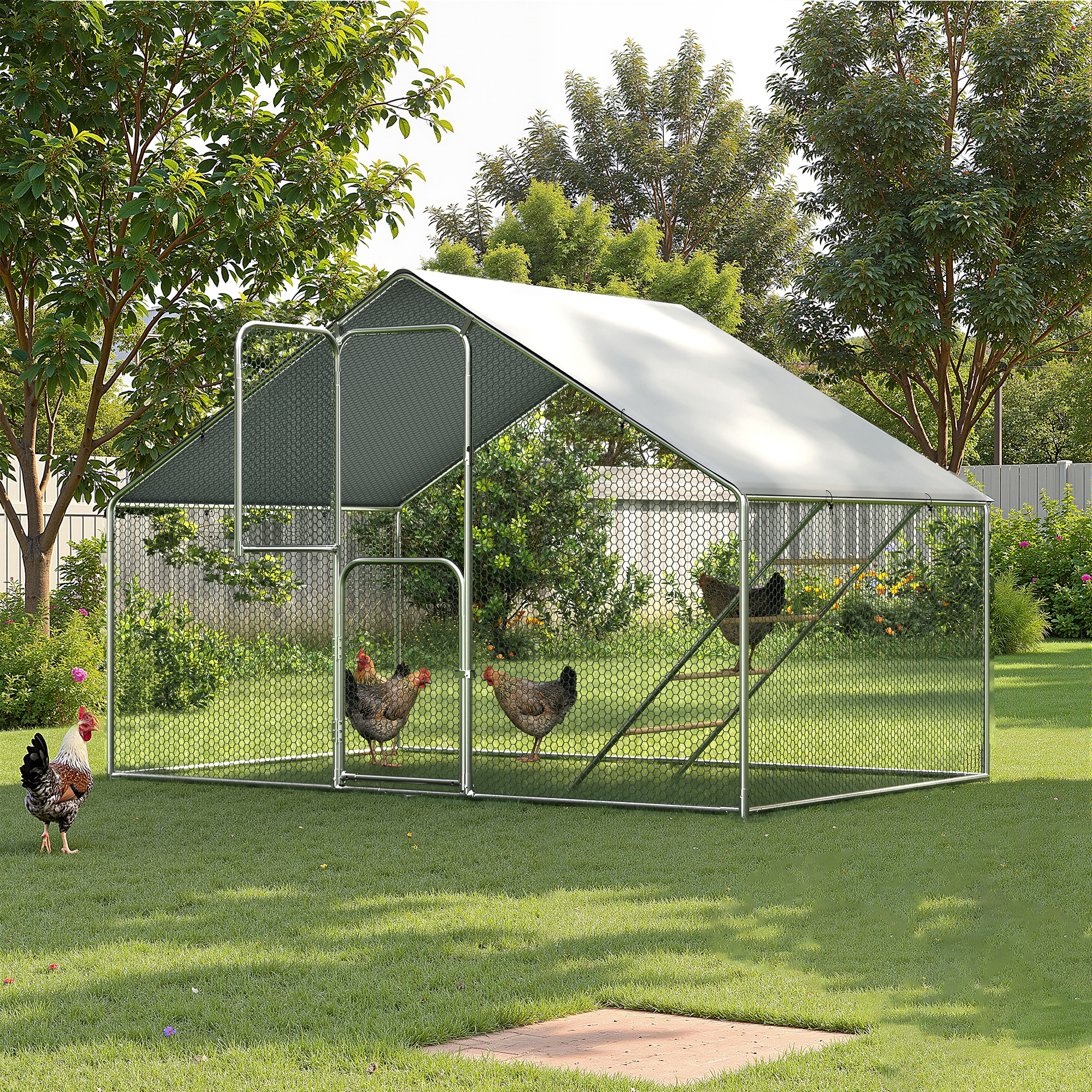 Chicken Coop & Metal Run - Spacious Walk In Pen for 10 Chickens with Double Feed Door, UV-Resistant Cover, Galvanized Frame - Duck & Rabbit House
