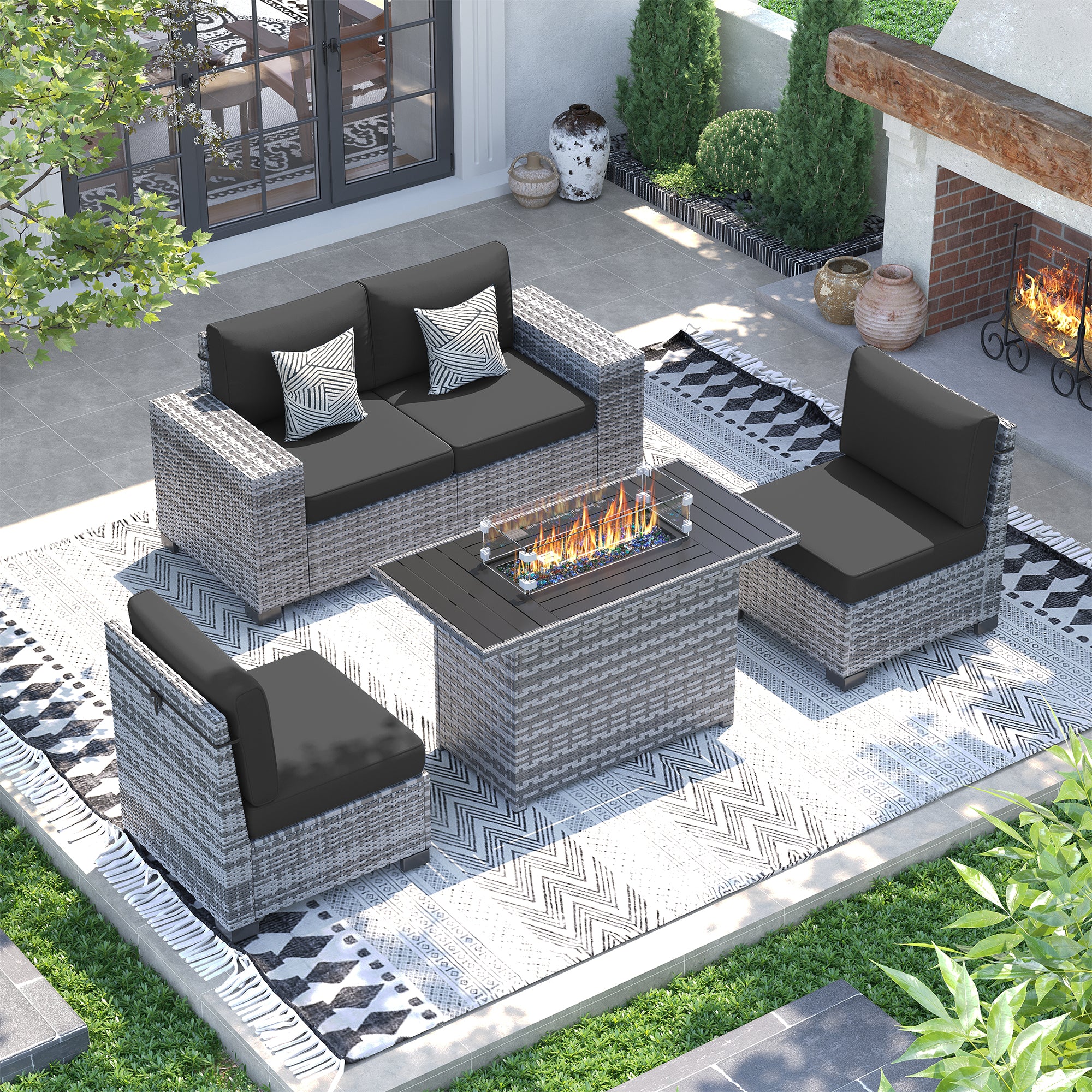 UDPATIO 5 Piece Patio Furniture Set with Fire Pit Table, 8''Wide Armrest Modular Rattan Outdoor Sectional Sofa Set,Wicker Patio Conversation Sets for Backyard,Deck w/ 4'' Cushions,Cover(Grey/Black)