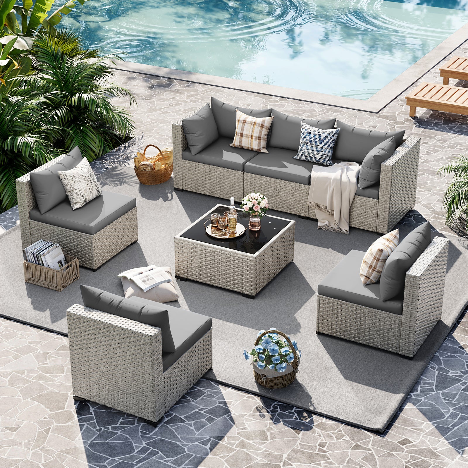 UDPATIO Outdoor Patio Furniture Set, 7-Piece PE Wicker Sectional Sofa with Tea Table, Outdoor Conversation Set for Patio, Garden, Backyard