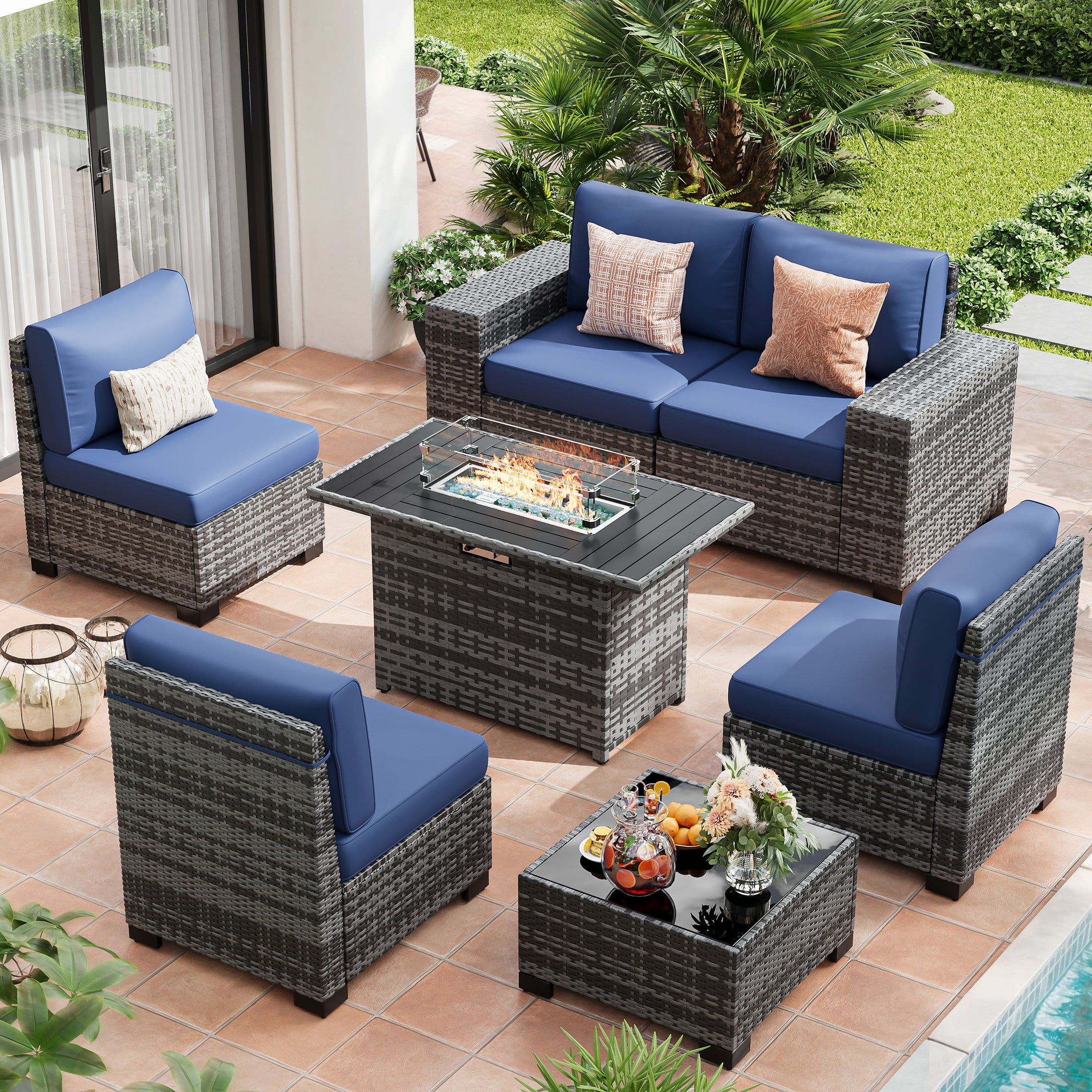 UDPATIO Patio Furniture Set with Fire Pit Table, Outdoor Patio Sofa Set With Wide Armrest, All-Weather Wicker Rattan Guest Set With Cushion And Glass Table And Waterproof Cover, Grey&Navy Blue