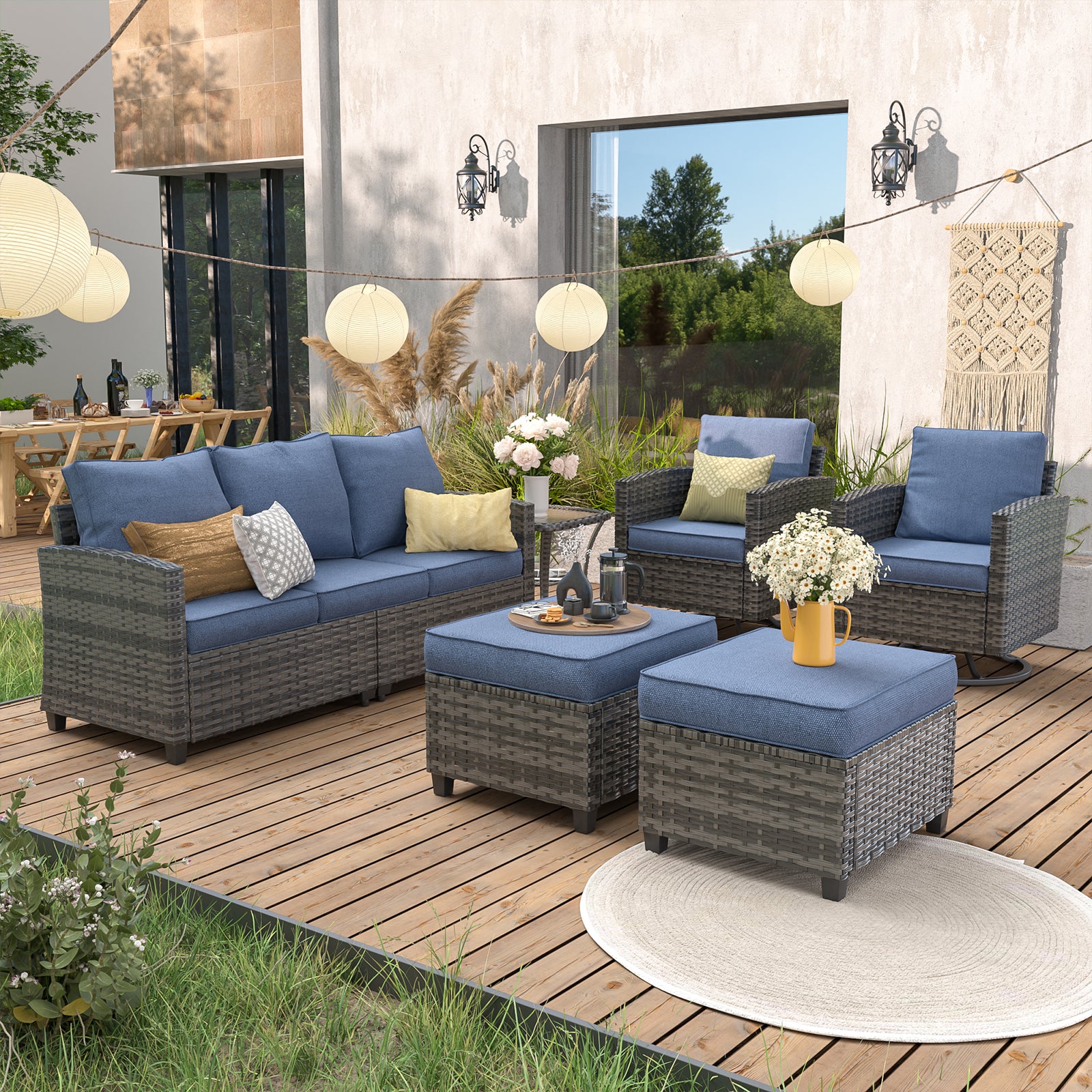 UDPATIO Patio Furniture Set, 6 Pieces Outdoor Sectional Couch, Gray Wicker Rattan Conversation Sofa with Swivel Rocking Chair, 4" Thick Cushion for Garden Backyard Deck, Navy Blue