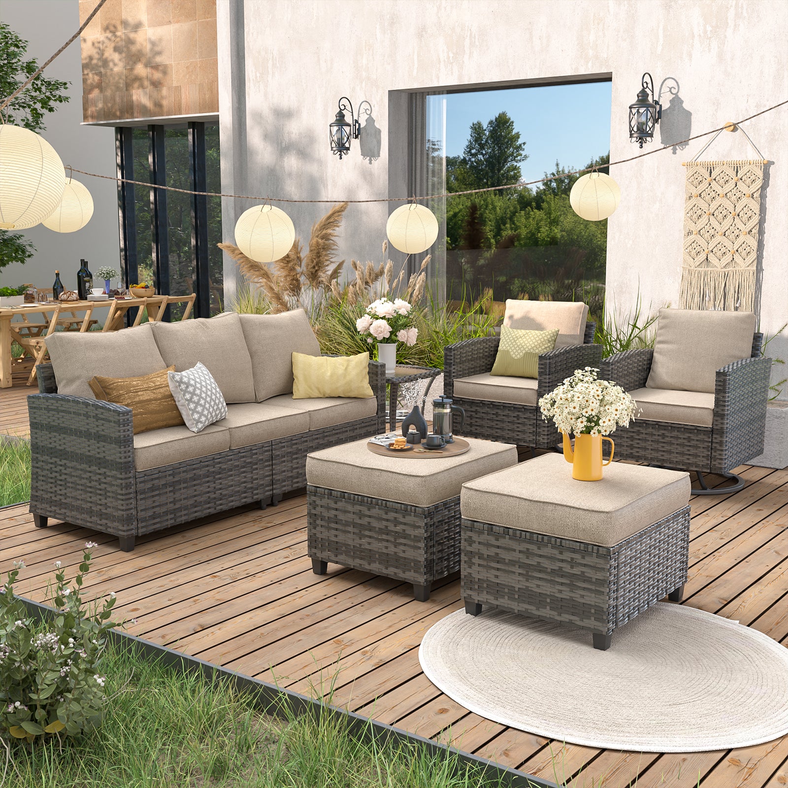 UDPATIO Patio Furniture Set, 6 Pieces Outdoor Sectional Couch, Gray Wicker Rattan Conversation Sofa with Swivel Rocking Chair, 4" Thick Cushion for Garden Backyard Deck, Khaki