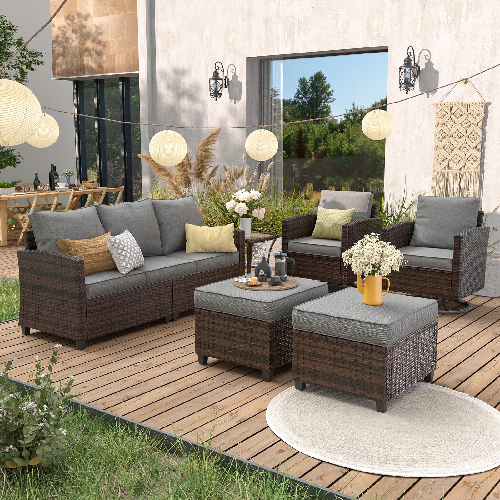 UDPATIO Patio Furniture Set, 6 Pieces Outdoor Sectional Couch, Brown Wicker Rattan Conversation Sofa with Swivel Rocking Chair, 4" Thick Cushion for Garden Backyard Deck, Dark Grey