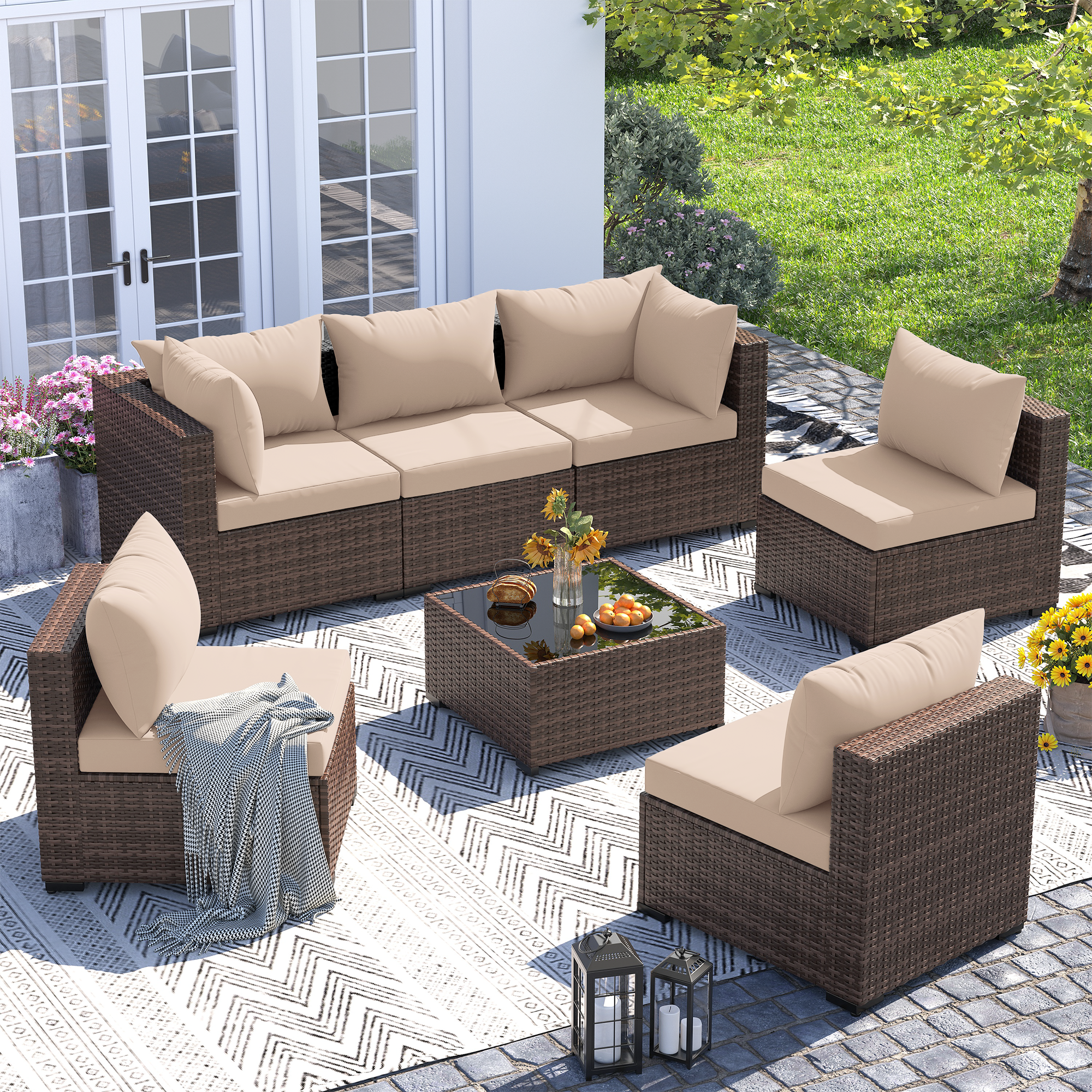 UDPATIO Patio Furniture Set, Outdoor Sectional Sofas with Wicker Coffee Table, Outdoor Patio Conversation Set for Garden, Backyard Dark Grey