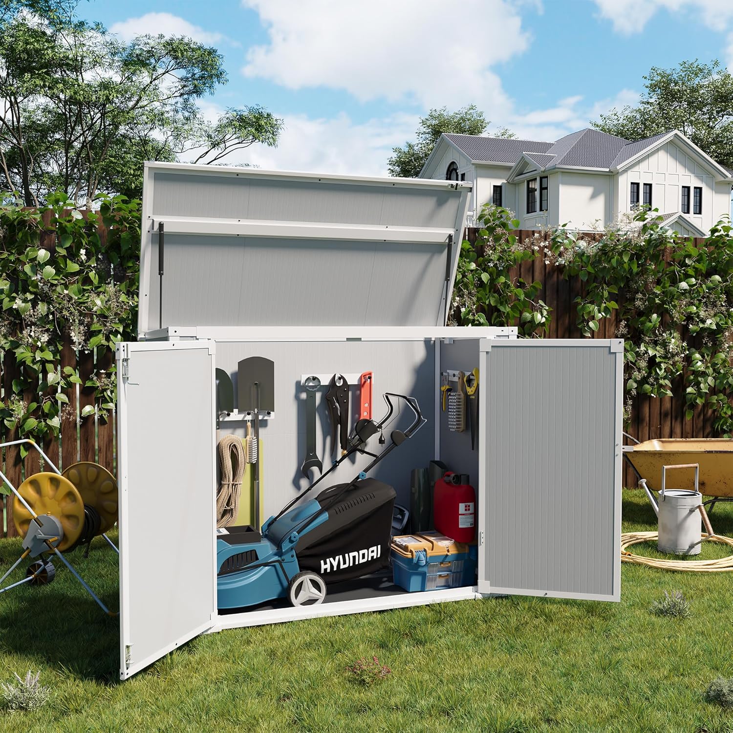 UDPATIO 41 Cu.Ft Storage Shed Outdoor, Weatherproof Resin Storage Shed with Floor Thickened, Gas Spring, Lockable Doors for Trash Can Storage, Garden Tools, Suitable for patios, Poolside（light grey）