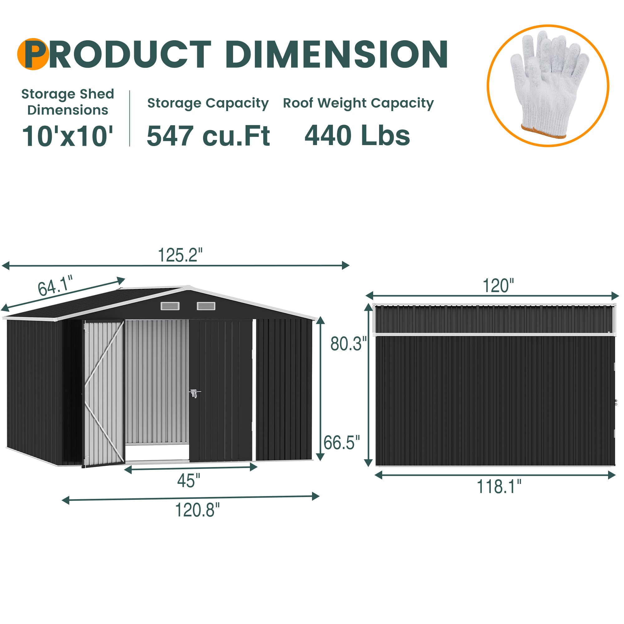UDPATIO Outdoor Storage Shed 10x10 FT, Outside Sheds & Outdoor Storage Metal Galvanized Steel Yard, Lawn, with Lockable Door for Can, Bike, Lawnmower,Dark Grey