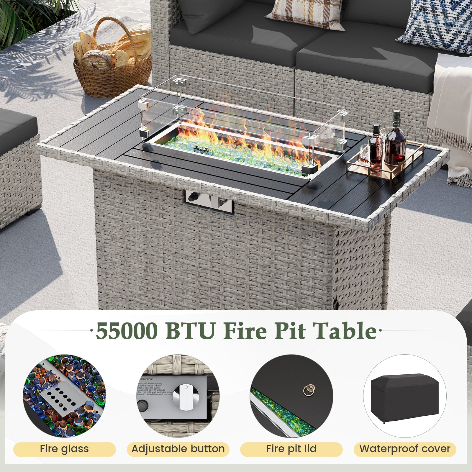 UDPATIO Patio Furniture Set with Fire Pit Table, 8 Pieces Outdoor Sectional Sofa, PE Wicker Patio Conversation Set for Garden, Backyard Green