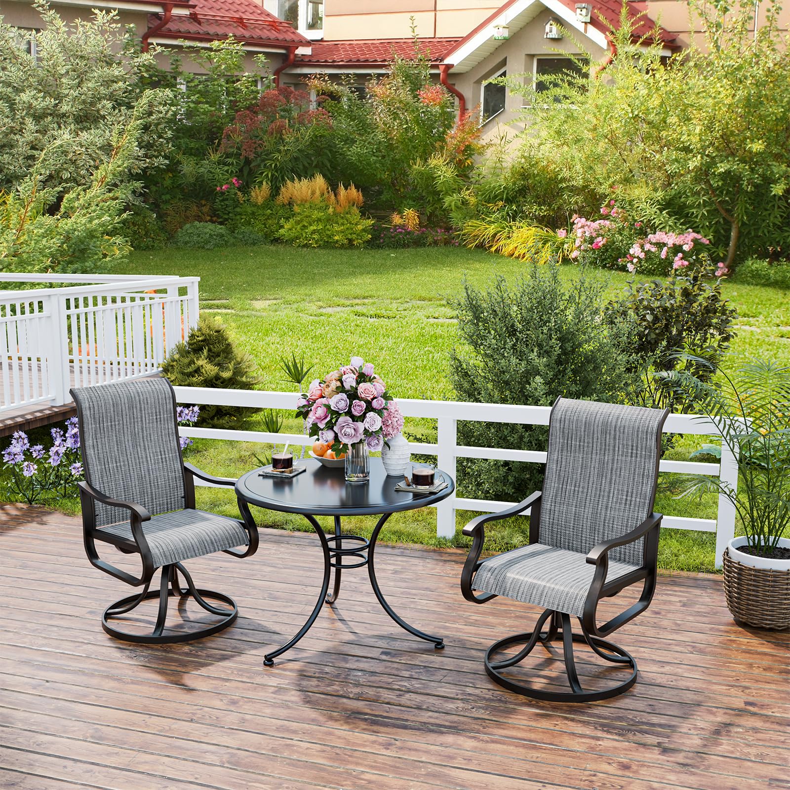 UDPATIO Patio Swivel Dining Chairs Set of 2, Outdoor Dining Chairs High Back with All Weather Breathable Textilene, Metal Rocking Frame for Lawn Garden Backyard, Gray White