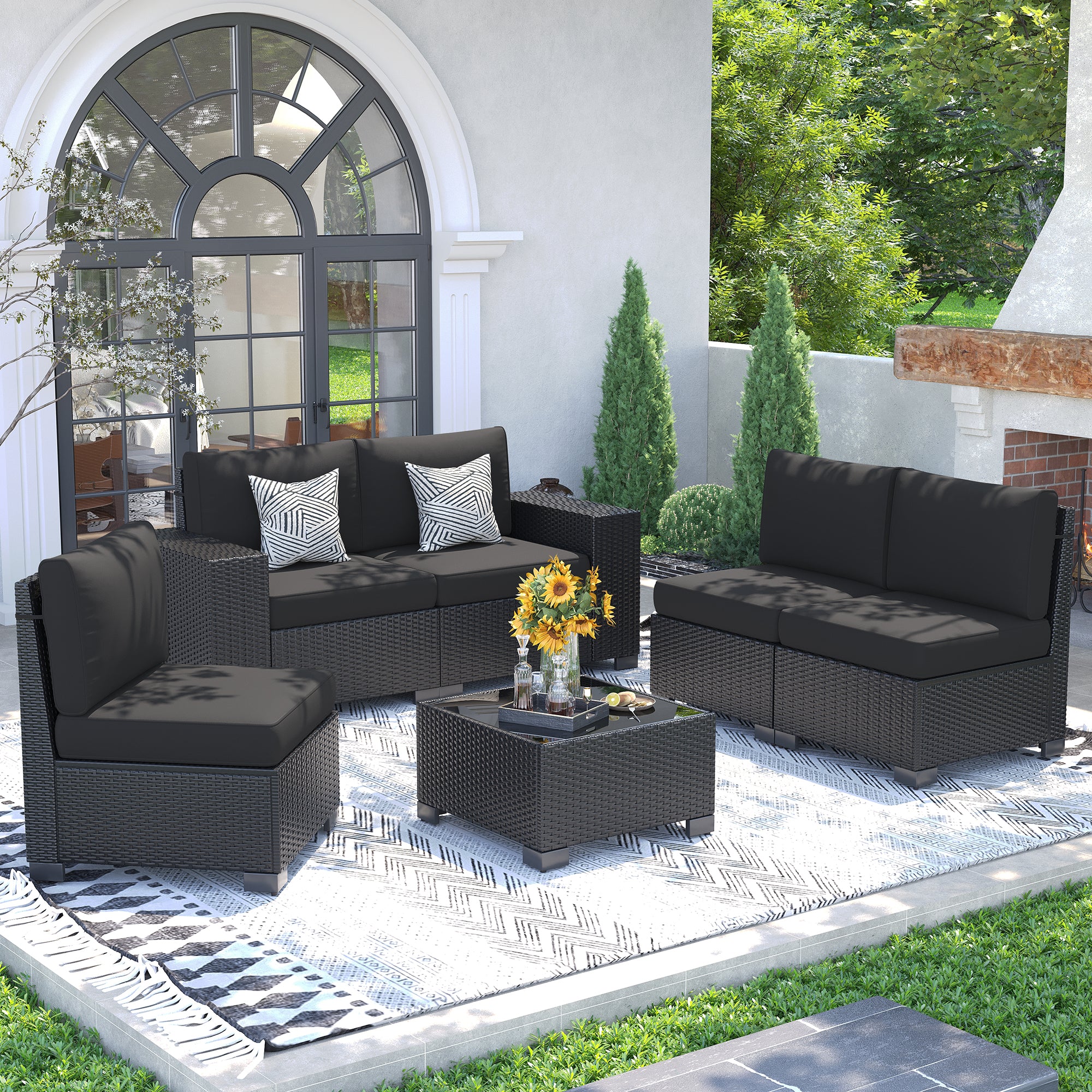 UDPATIO Patio Furniture Set, 8'' Wide Armrest Modular Rattan Outdoor Sectional  Sofa Set, 6 Pieces Wicker Patio Conversation Sets for Backyard,Deck w/ 4'' Cushions,Cover,Coffee Table