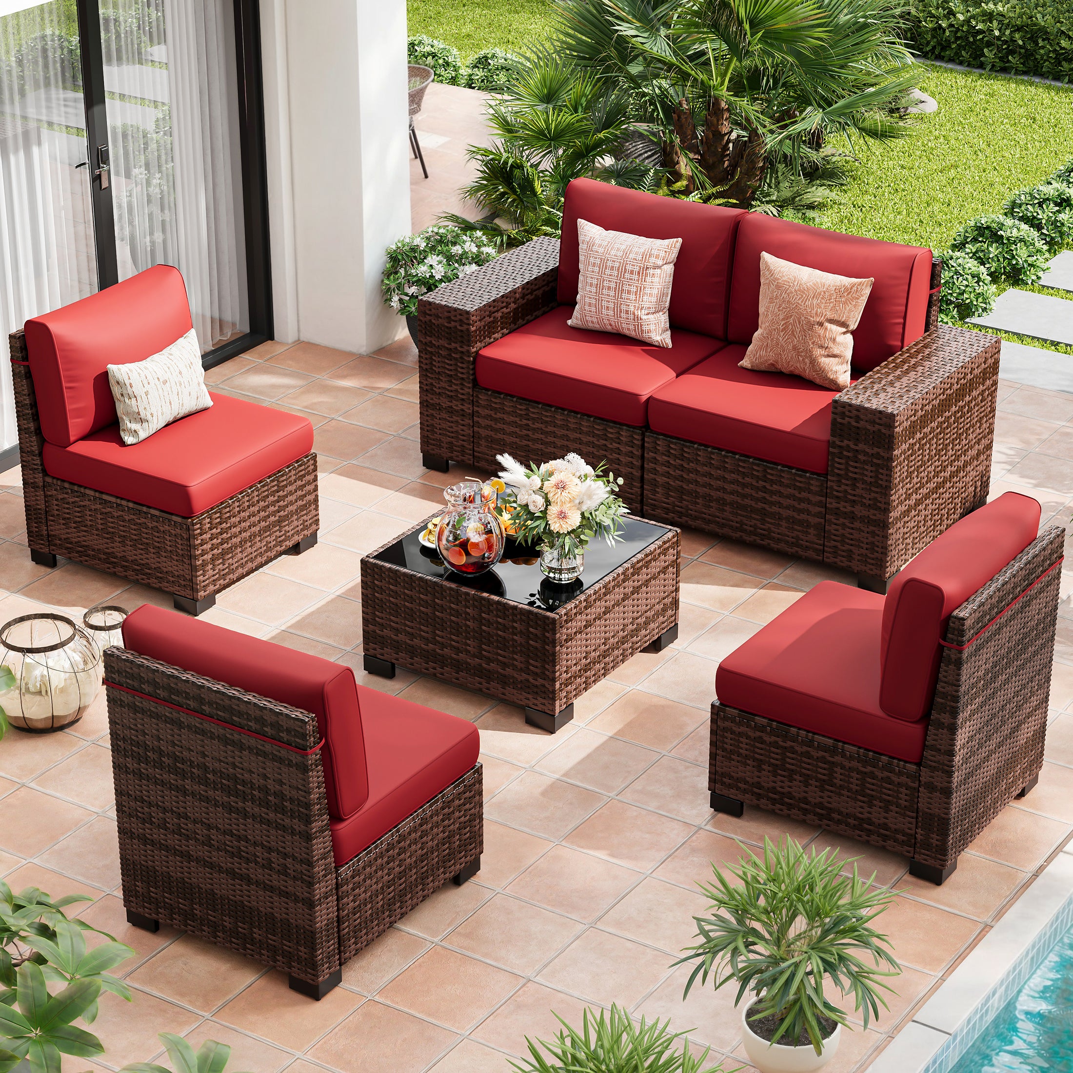 UDPATIO 6-Piece Patio Furniture Set, Outdoor Patio Sofa Set With Wide Armrest, All-Weather Wicker Rattan Guest Set With Cushion And Glass Table And Waterproof Cover,Brown & Wine Red