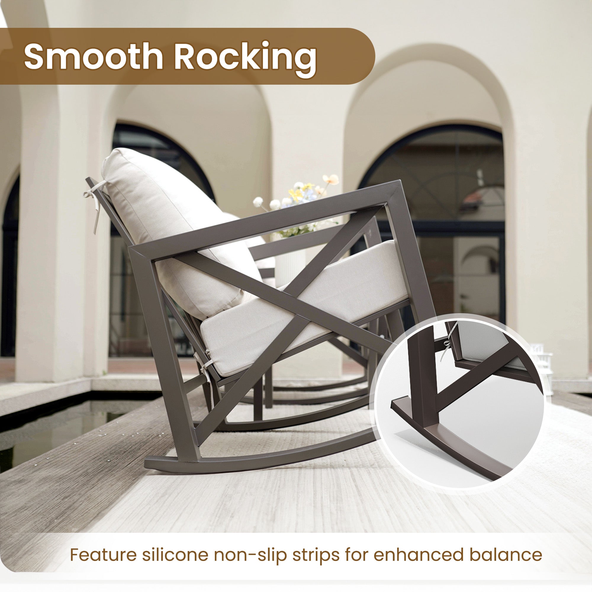 UDPATIO Rocking Chair Outdoor Set 2 with Coffee Table, 3 Piece Metal Rocking Bistro Set with 6.5" Water-Resistant Cushions, Oversized, 350lbs Heavy-Duty, for Porch, Patio, Balcony