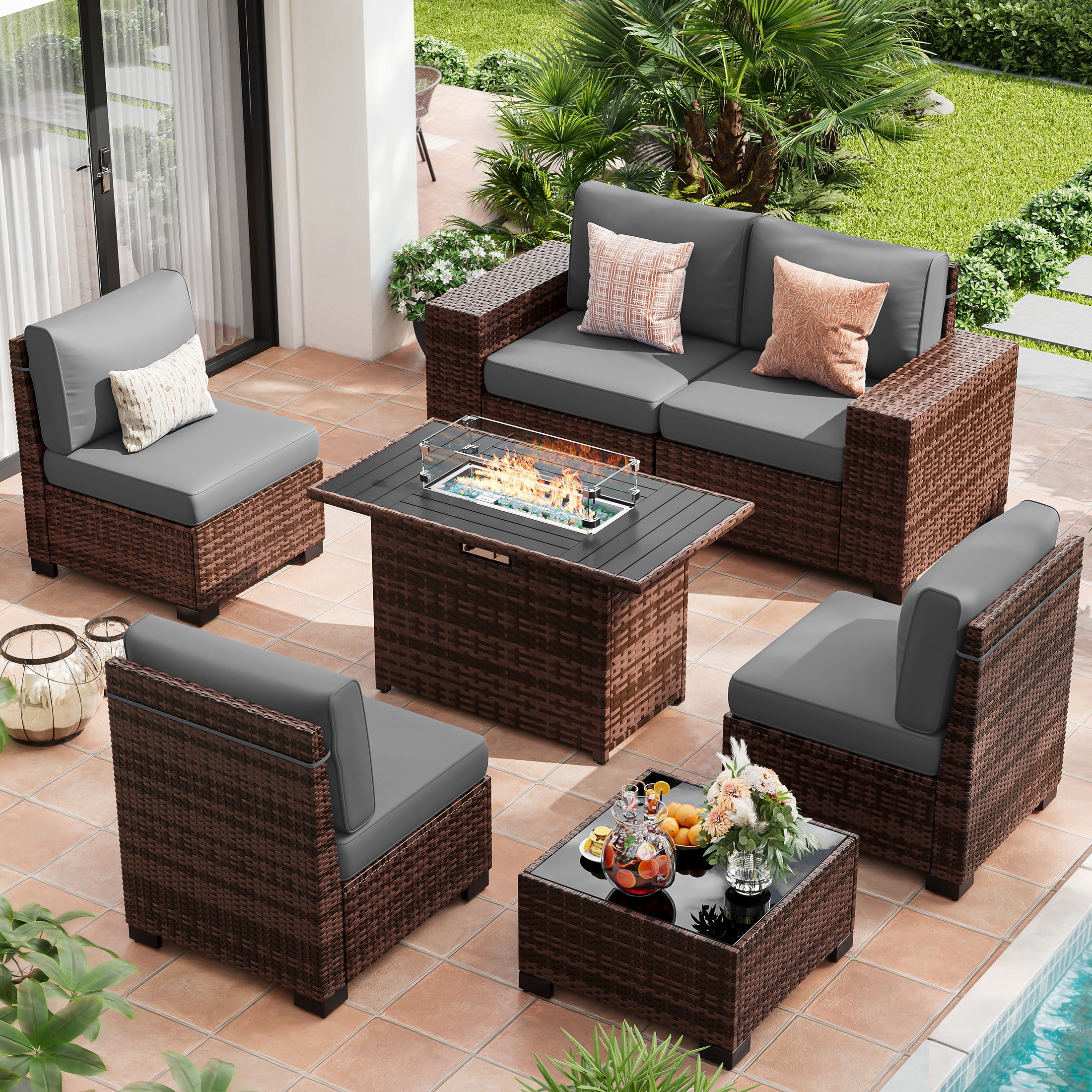 UDPATIO Patio Furniture Set with Fire Pit Table, Outdoor Patio Sofa Set With Wide Armrest, All-Weather Wicker Rattan Guest Set With Cushion And Glass Table And Waterproof Cover, Brown&Dark Gray