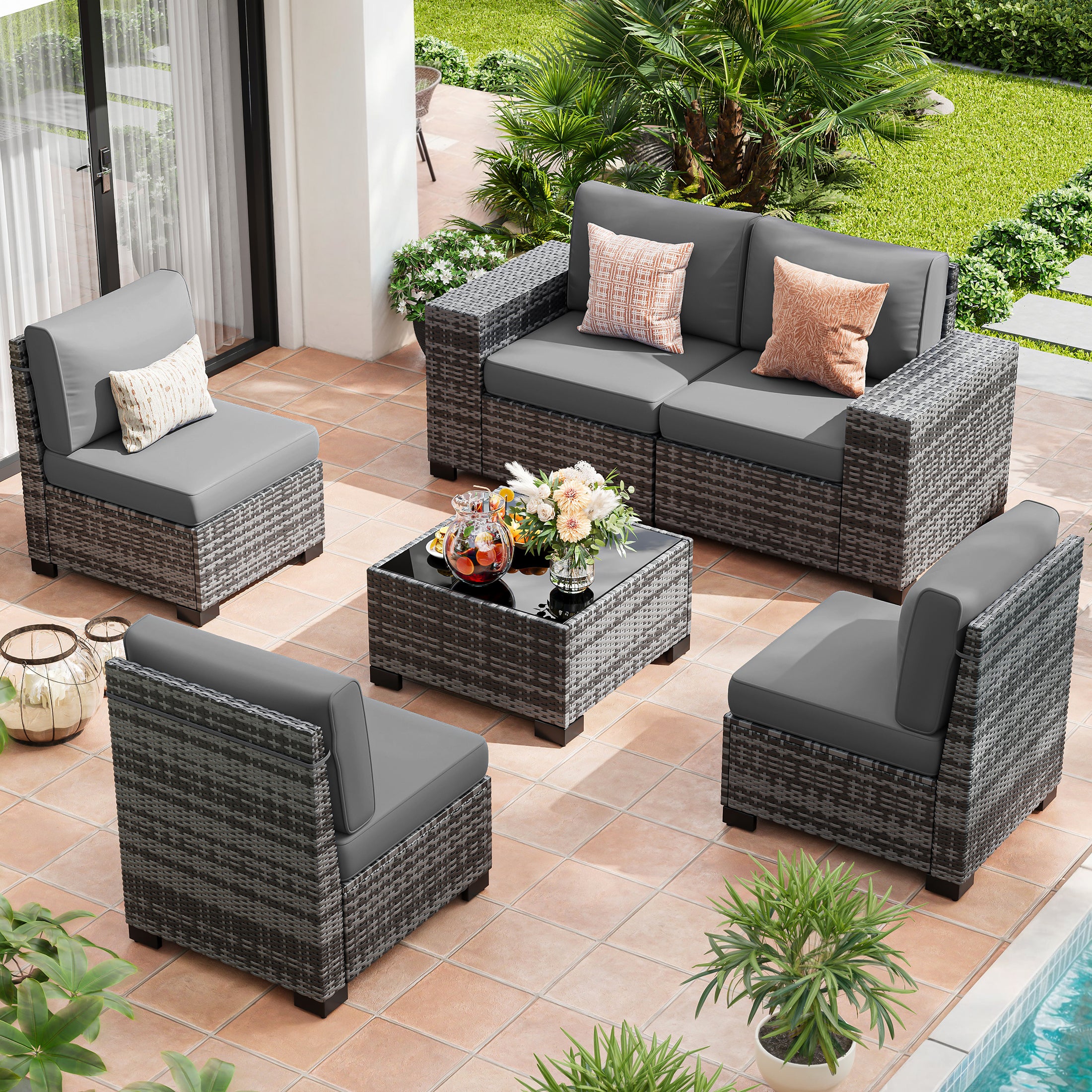 UDPATIO 6-Piece Patio Furniture Set, Outdoor Patio Sofa Set With Wide Armrest, All-Weather Wicker Rattan Guest Set With Cushion And Glass Table And Waterproof Cover, Grey & Dark Grey