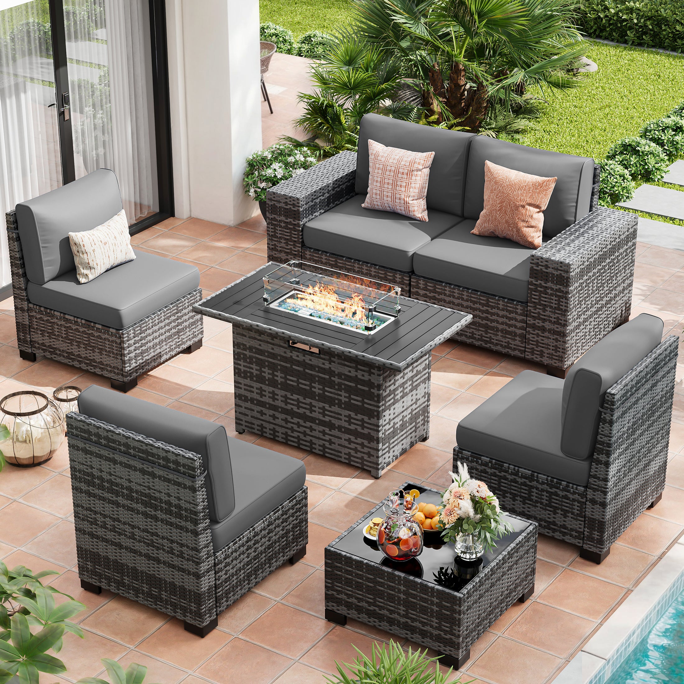 UDPATIO Patio Furniture Set with Fire Pit Table, Outdoor Patio Sofa Set With Wide Armrest, All-Weather Wicker Rattan Guest Set With Cushion And Glass Table And Waterproof Cover, Gray&Gray