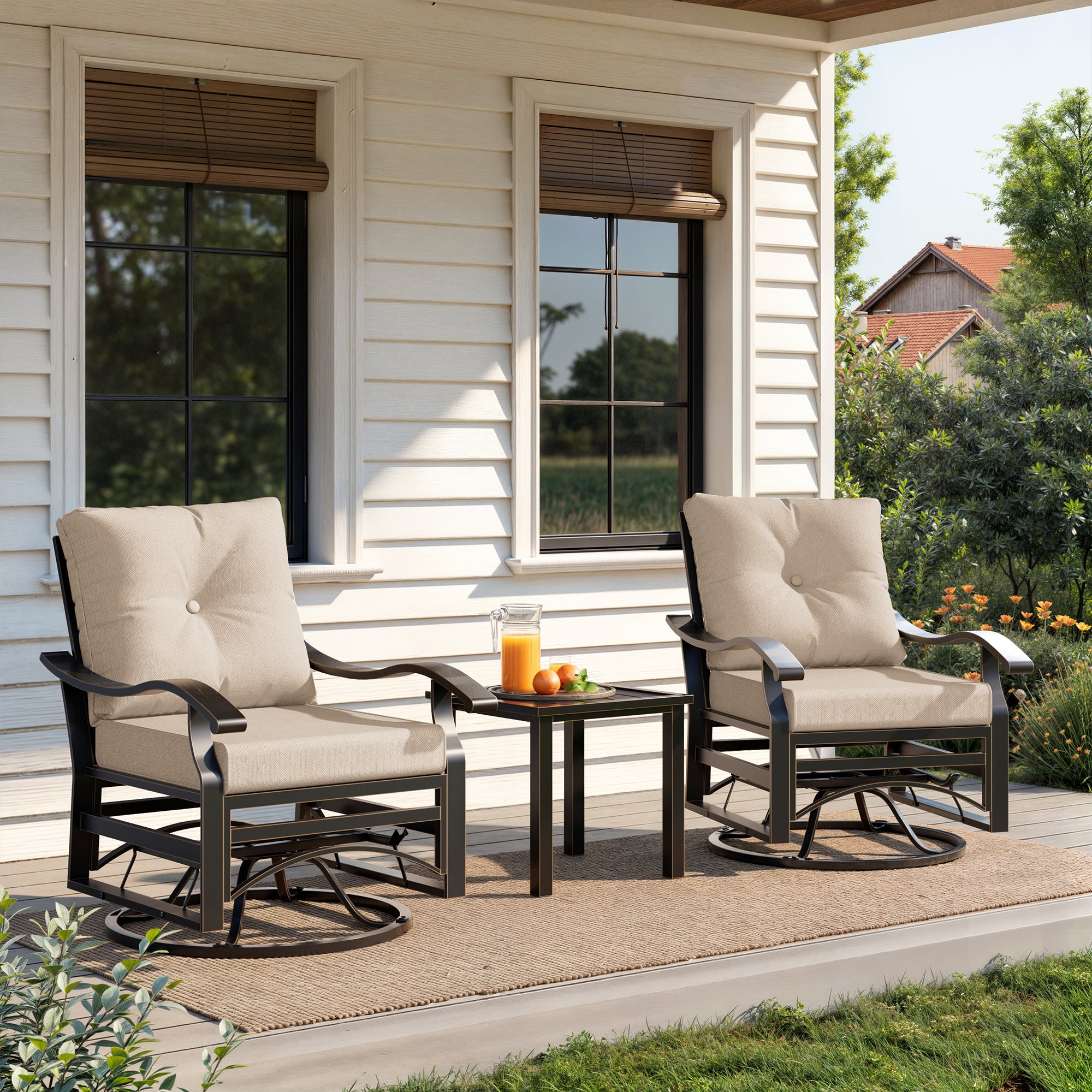 UDPATIO Outdoor Swivel Rocker Chairs, 3 Piece Metal Patio Rocking Chairs with Blue Padded Cushions Patio Bistro Furniture Set with Side Table for Porch Balcony Backyard