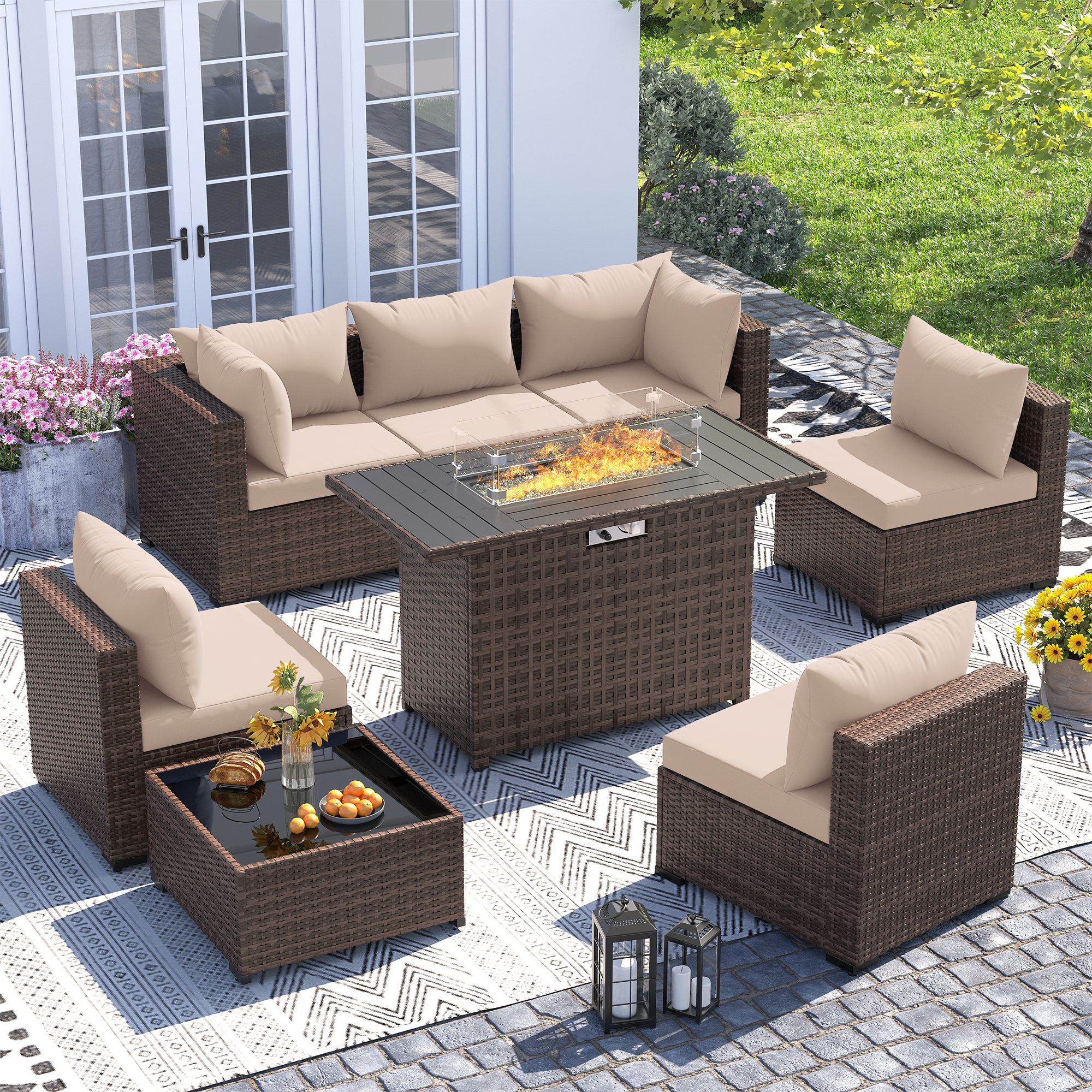 UDPATIO Outdoor Patio Furniture Set with Fire Pit Table, 8 Piece Outdoor Sectional Sofas, All-Weather Wicker Patio Conversation Set for Garden, Backyard