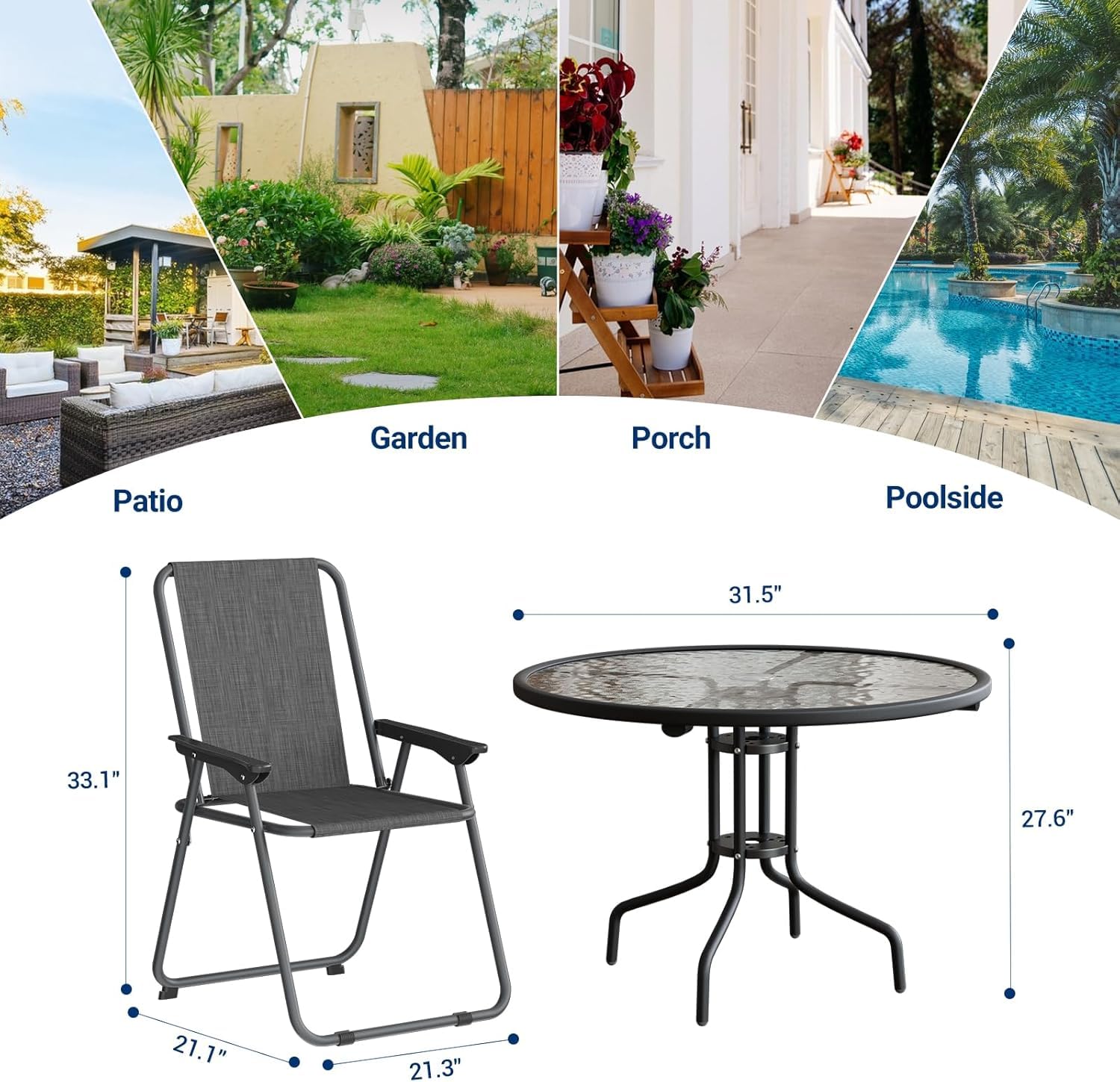 UDPATIO Folding Patio Chairs Set, Patio Dining Chairs Set of 4 and 31.5" Metal Table with 1.57" Umbrella Hole, Black