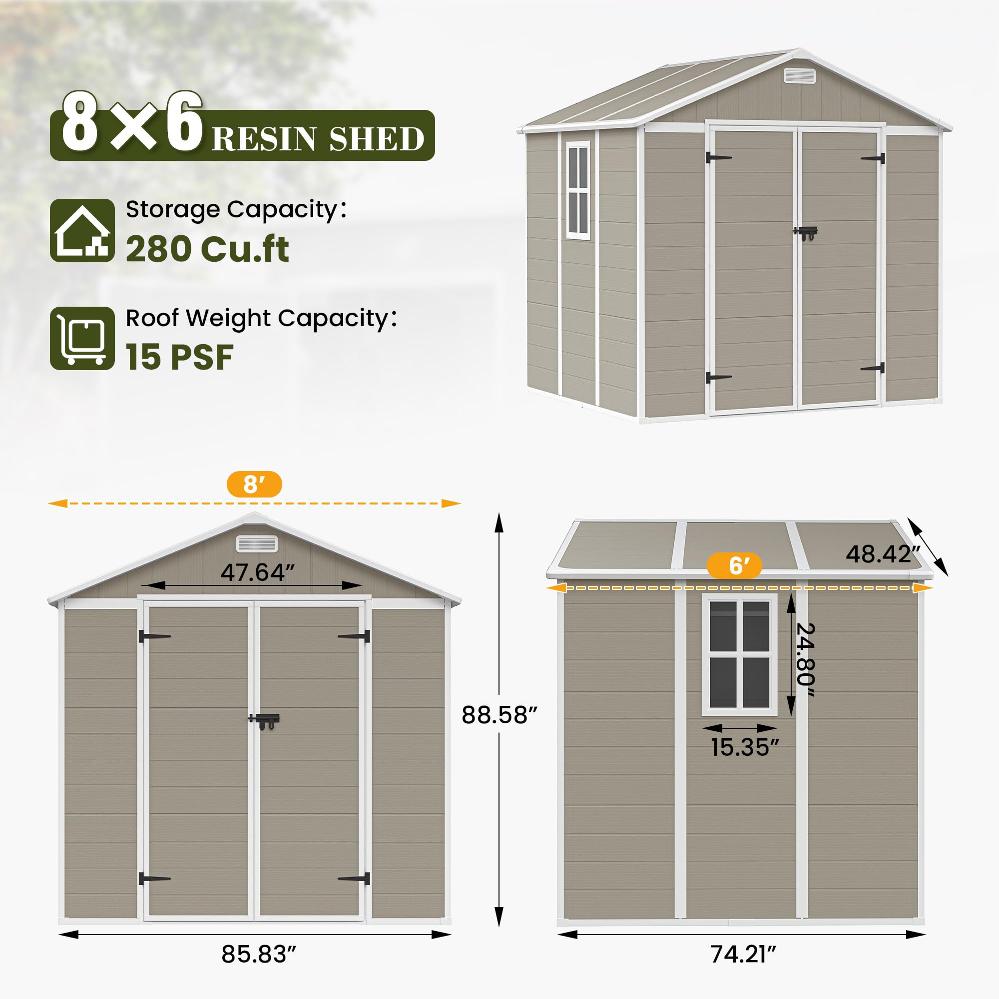 UDPATIO Outdoor Storage Shed 8 x 6 FT, Resin Garden Sheds Plastic Patio Outdoor Storage with Lockable Door for Tool, Bike, Garbage Light Brown