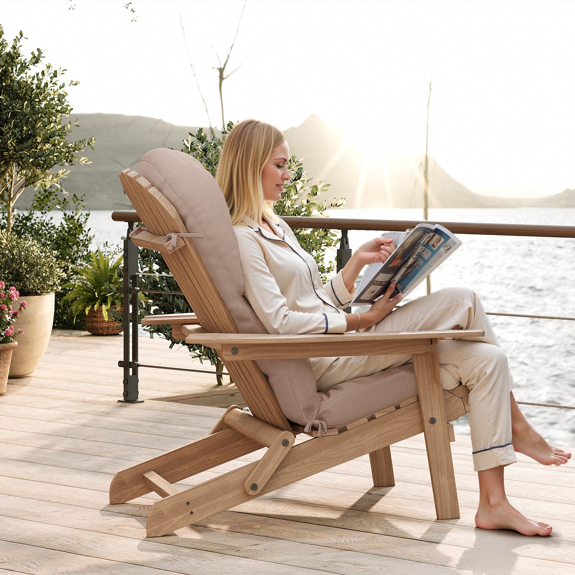 Adirondack Chair Cushion Set of 2 with Ties - Sunproof Waterproof Outdoor High Back Seat Pads for Rocking Chairs, Patio, Deck, Porch, Lawn (Upper & Lower Back Support)