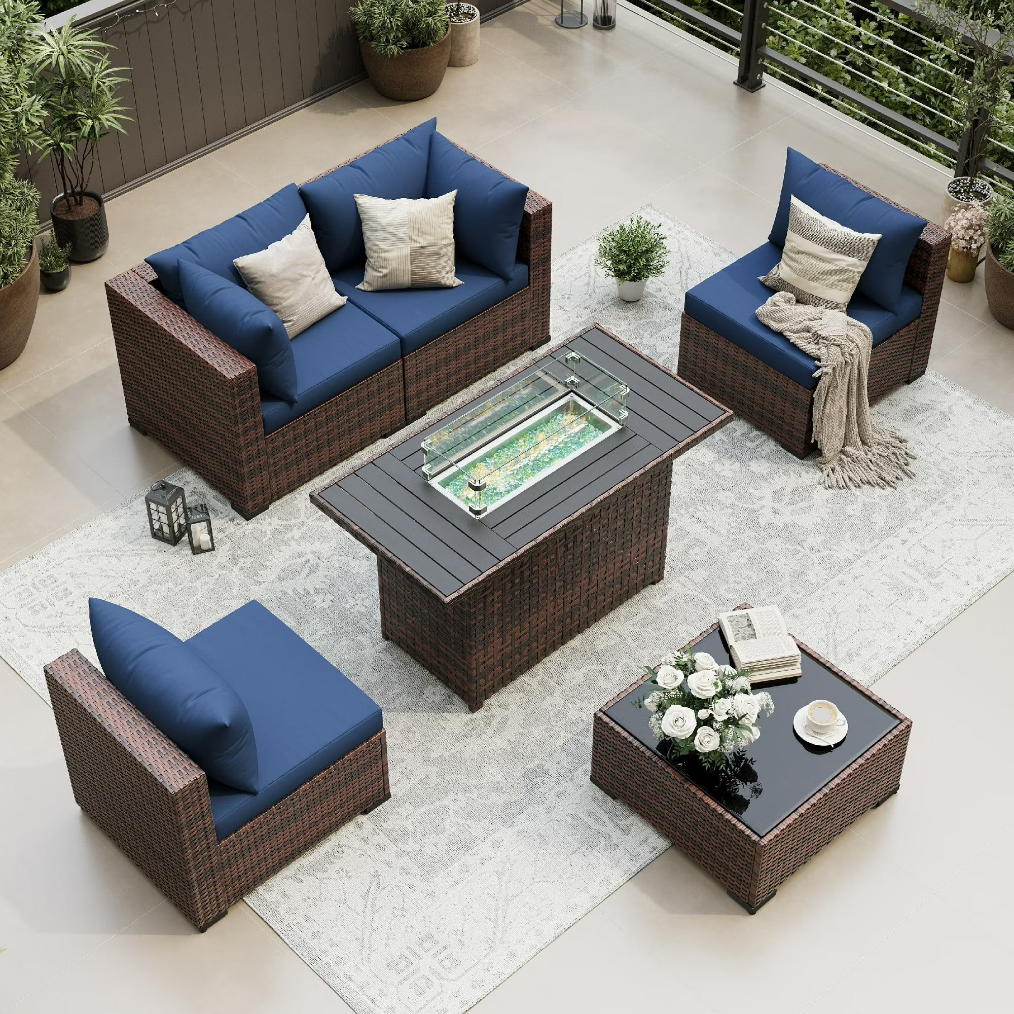 UDPATIO Patio Furniture Sets, Modular Rattan Outdoor Patio Sectional Furniture with 44" Fire Pit Table,, Wicker Patio Conversation Set for Backyard, Deck, Poolside w/Glass Coffee Table, 5PC Navy Blue