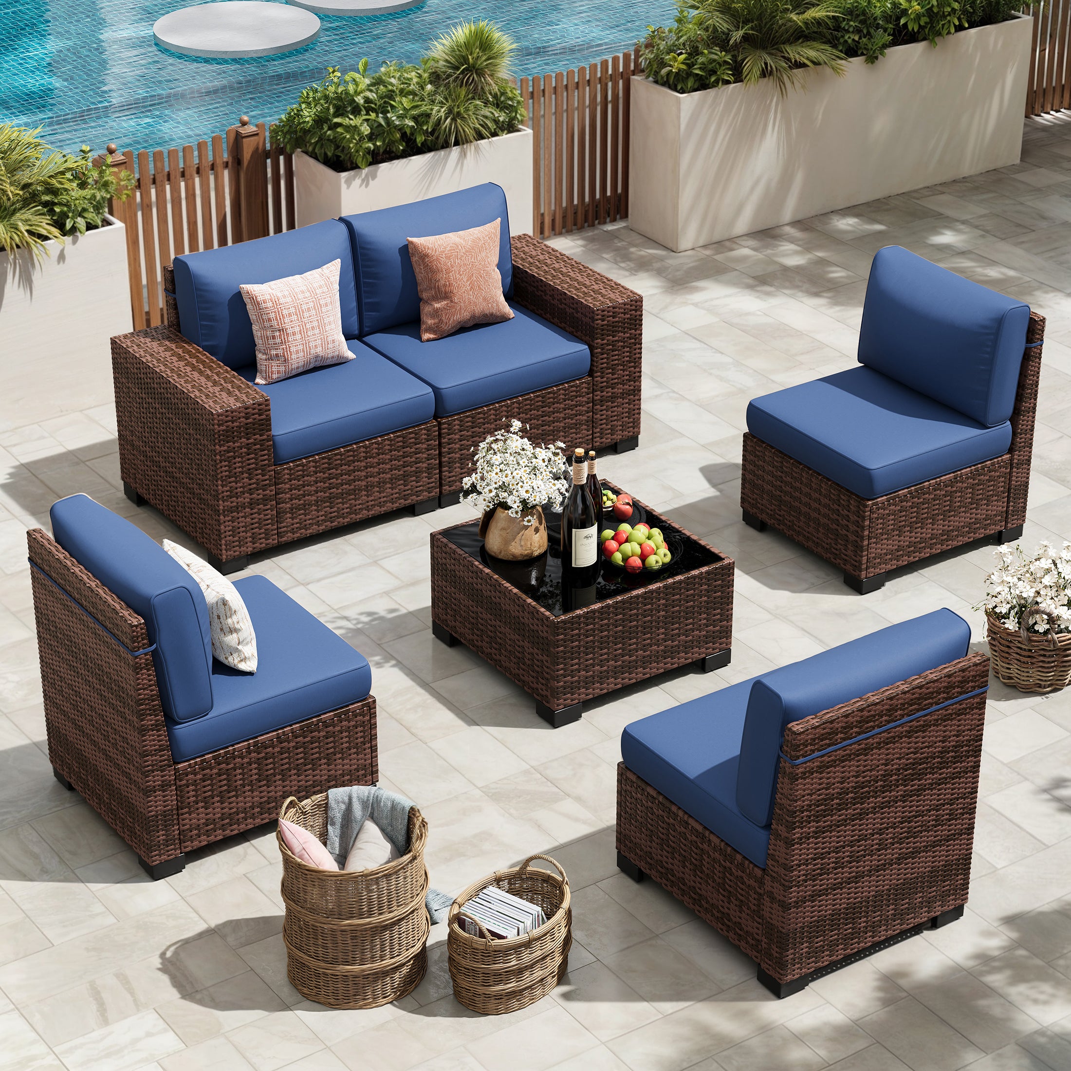 UDPATIO 6-Piece Patio Furniture Set, Outdoor Patio Sofa Set With Wide Armrest, All-Weather Wicker Rattan Guest Set With Cushion And Glass Table And Waterproof Cover, Brown & Navy Blue