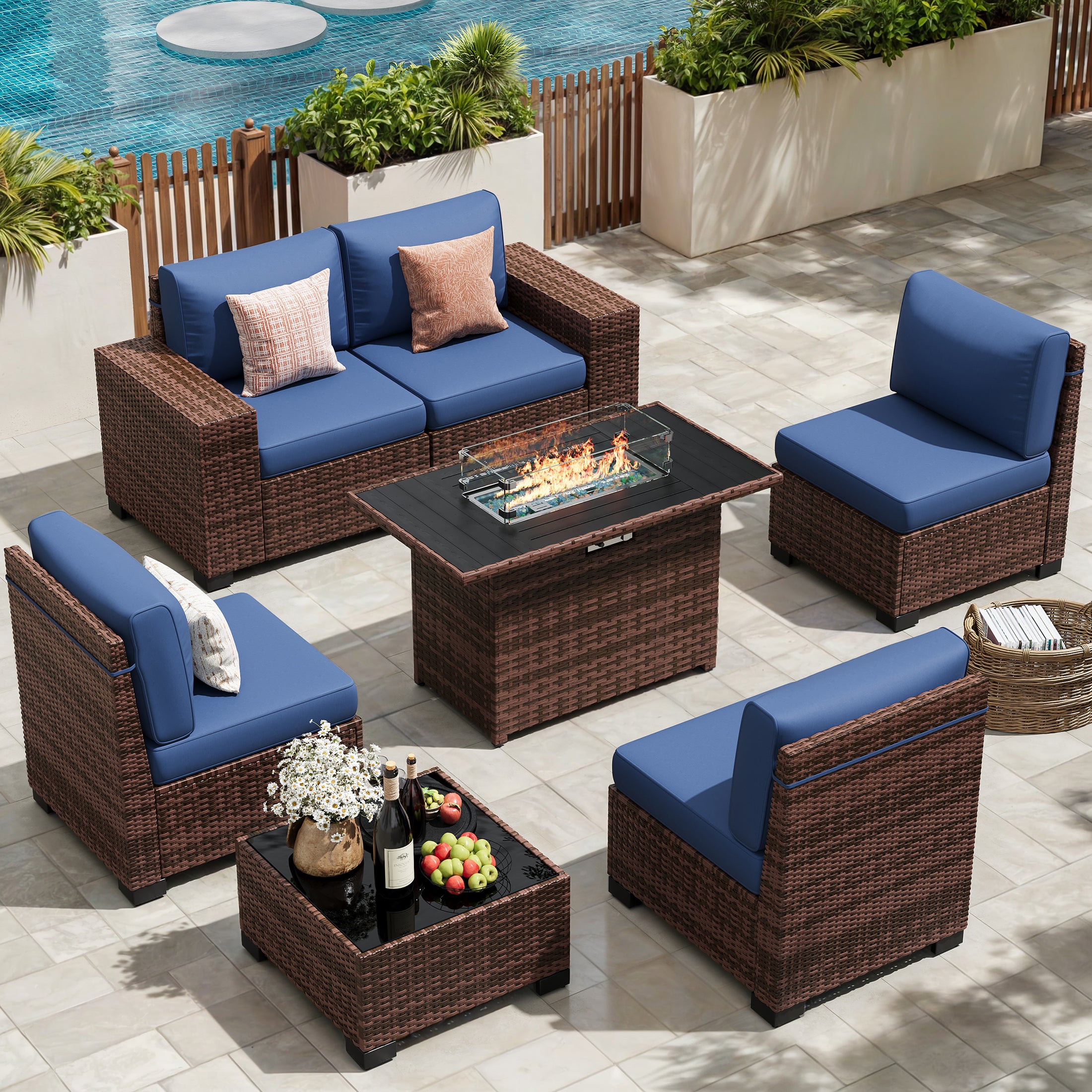 UDPATIO Patio Furniture Set with Fire Pit Table, Outdoor Patio Sofa Set With Wide Armrest, All-Weather Wicker Rattan Guest Set With Cushion And Glass Table And Waterproof Cover, Brown&Navy Blue
