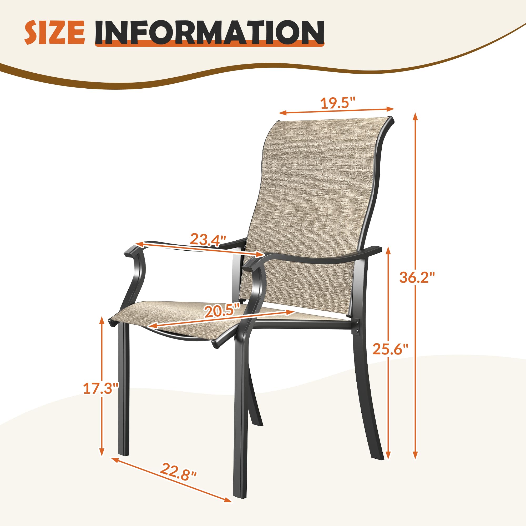 UDPATIO Patio Dining Chairs Set of 4, High Back Wide Seat Outdoor Furniture Chairs with All Weather Breathable Textilene, for Lawn Garden Backyard, Brown