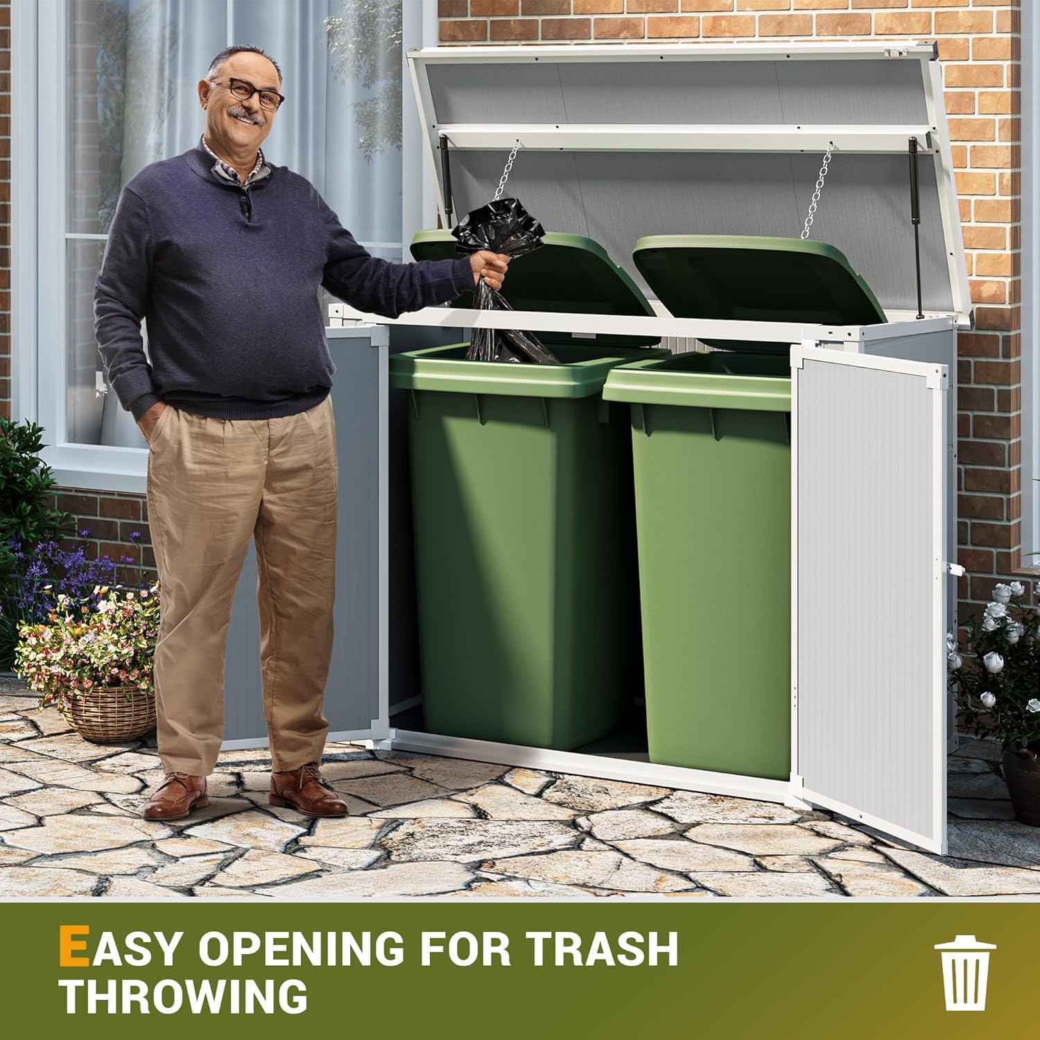 UDPATIO 41 Cu.Ft Storage Shed Outdoor, Weatherproof Resin Storage Shed with Floor Thickened, Gas Spring, Lockable Doors for Trash Can Storage, Garden Tools, Suitable for patios, Poolside（light grey）