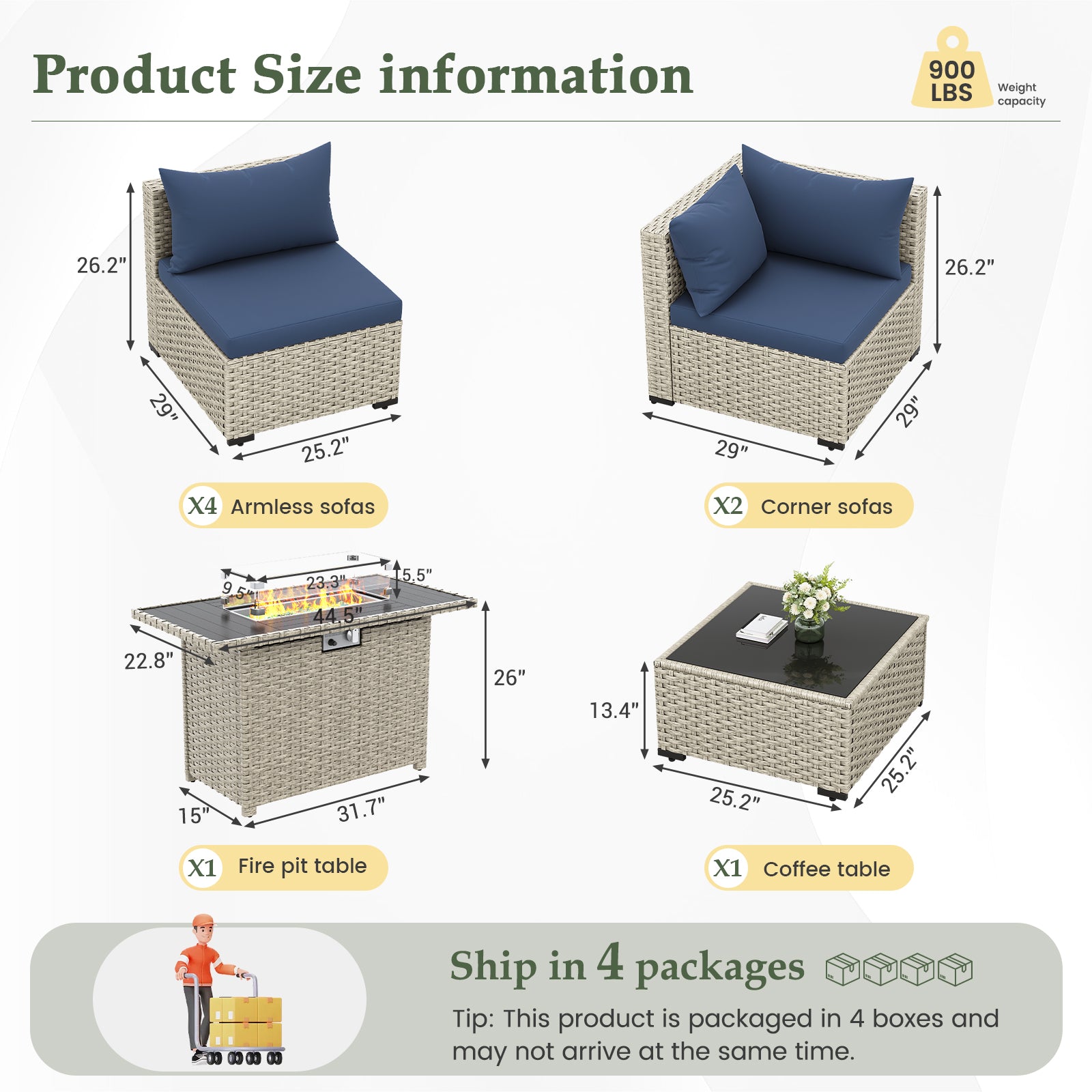 UDPATIO Patio Furniture Set with Fire Pit Table, 8 Pieces Outdoor Sectional Sofa, PE Wicker Patio Conversation Set for Garden, Backyard Green