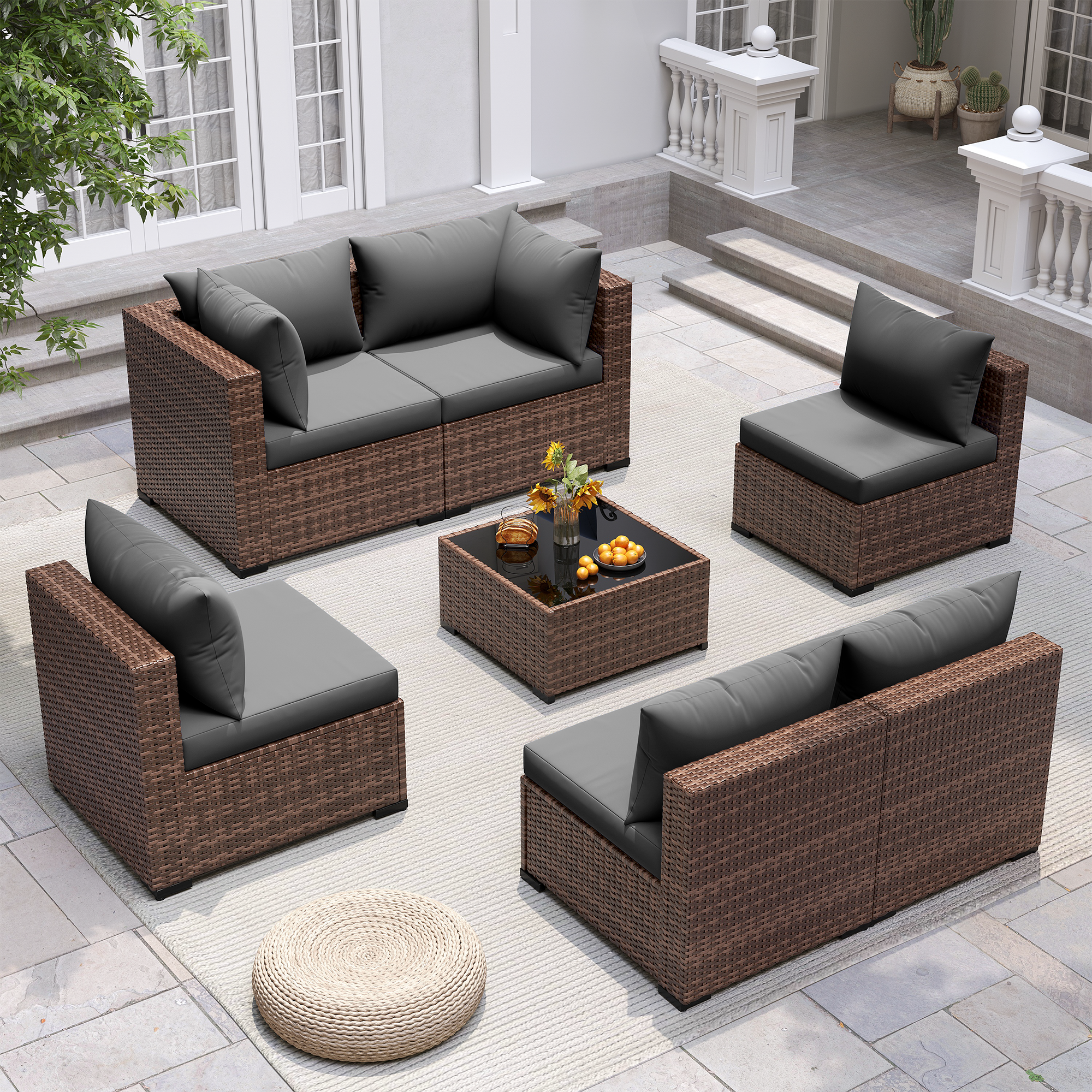 UDPATIO Patio Furniture Set, Outdoor Sectional Sofas with Wicker Coffee Table, Outdoor Patio Conversation Set for Garden, Backyard Dark Grey