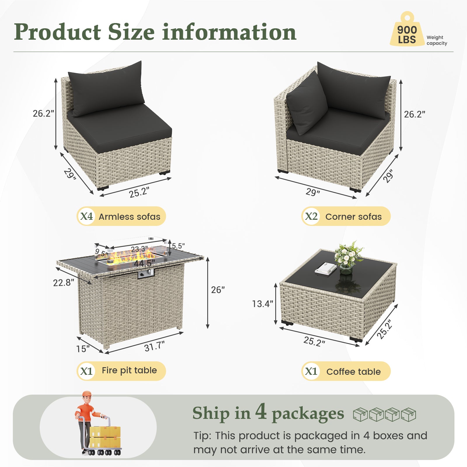 UDPATIO Patio Furniture Set with Fire Pit Table, 8 Pieces Outdoor Sectional Sofa, PE Wicker Patio Conversation Set for Garden, Backyard Green