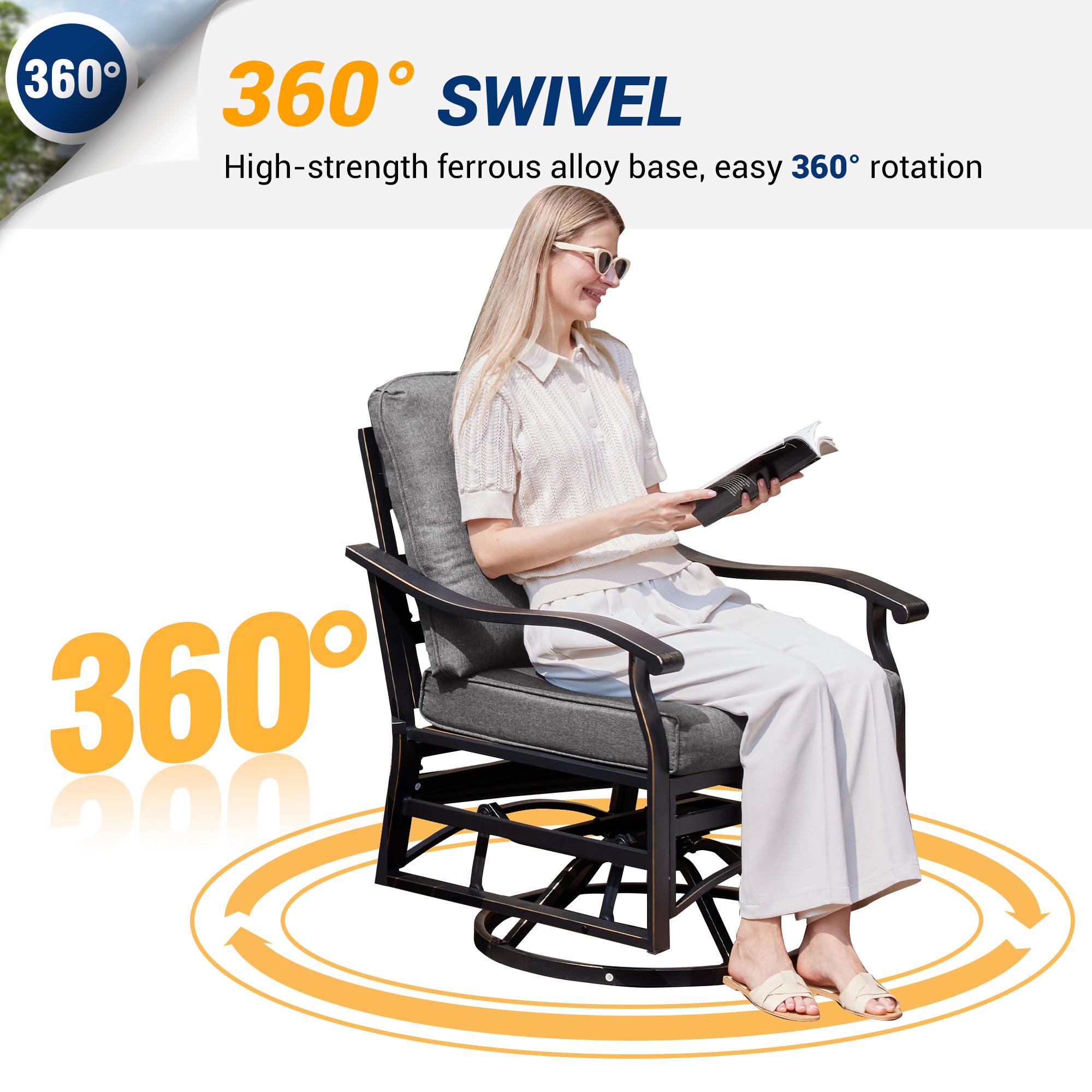 UDPATIO Outdoor Swivel Rocker Chairs, 3 Piece Metal Patio Rocking Chairs with Blue Padded Cushions Patio Bistro Furniture Set with Side Table for Porch Balcony Backyard