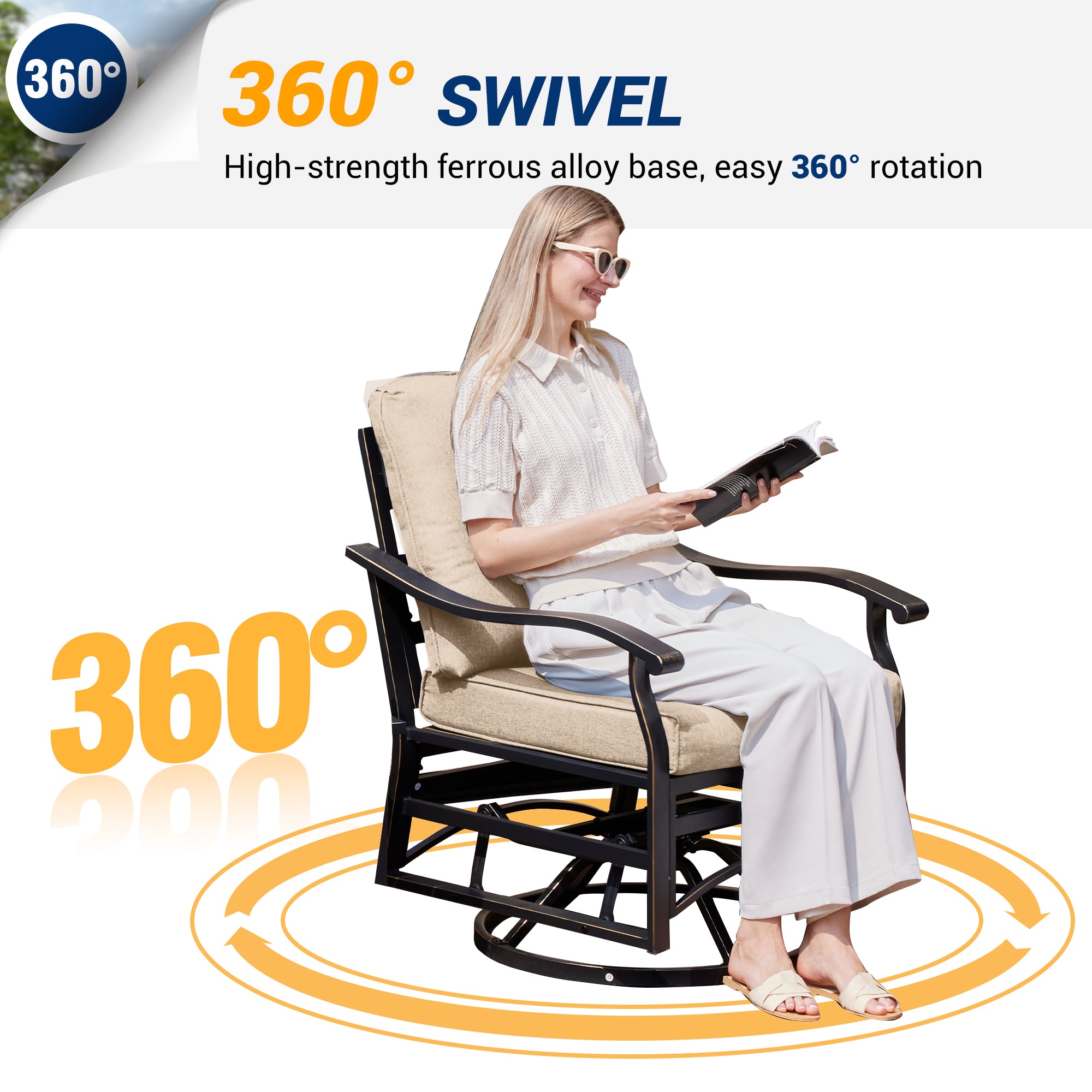 UDPATIO Outdoor Swivel Rocker Chairs, 3 Piece Metal Patio Rocking Chairs with Blue Padded Cushions Patio Bistro Furniture Set with Side Table for Porch Balcony Backyard