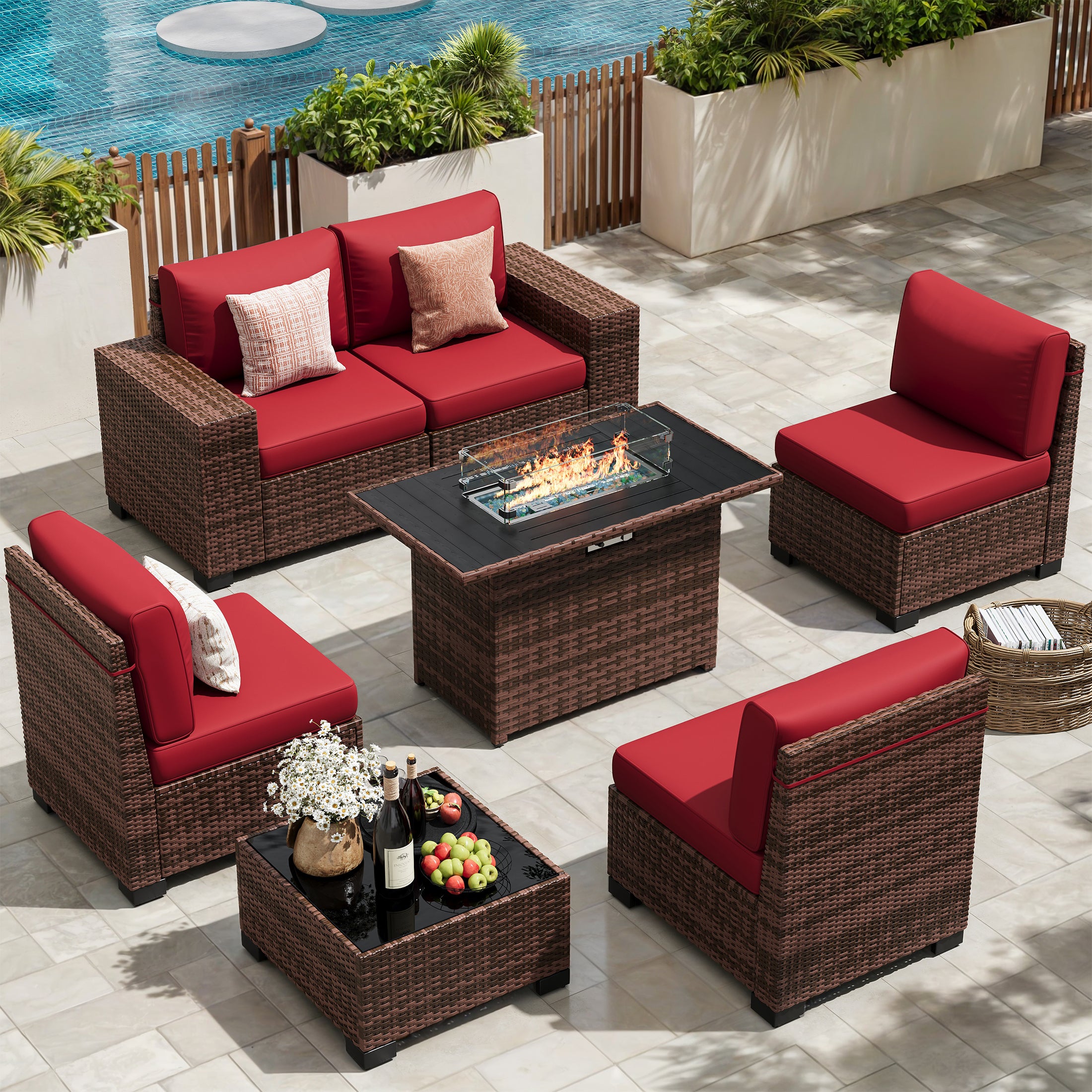 UDPATIO Patio Furniture Set with Fire Pit Table, Outdoor Patio Sofa Set With Wide Armrest, All-Weather Wicker Rattan Guest Set With Cushion And Glass Table And Waterproof Cover, Brown&Wine Red