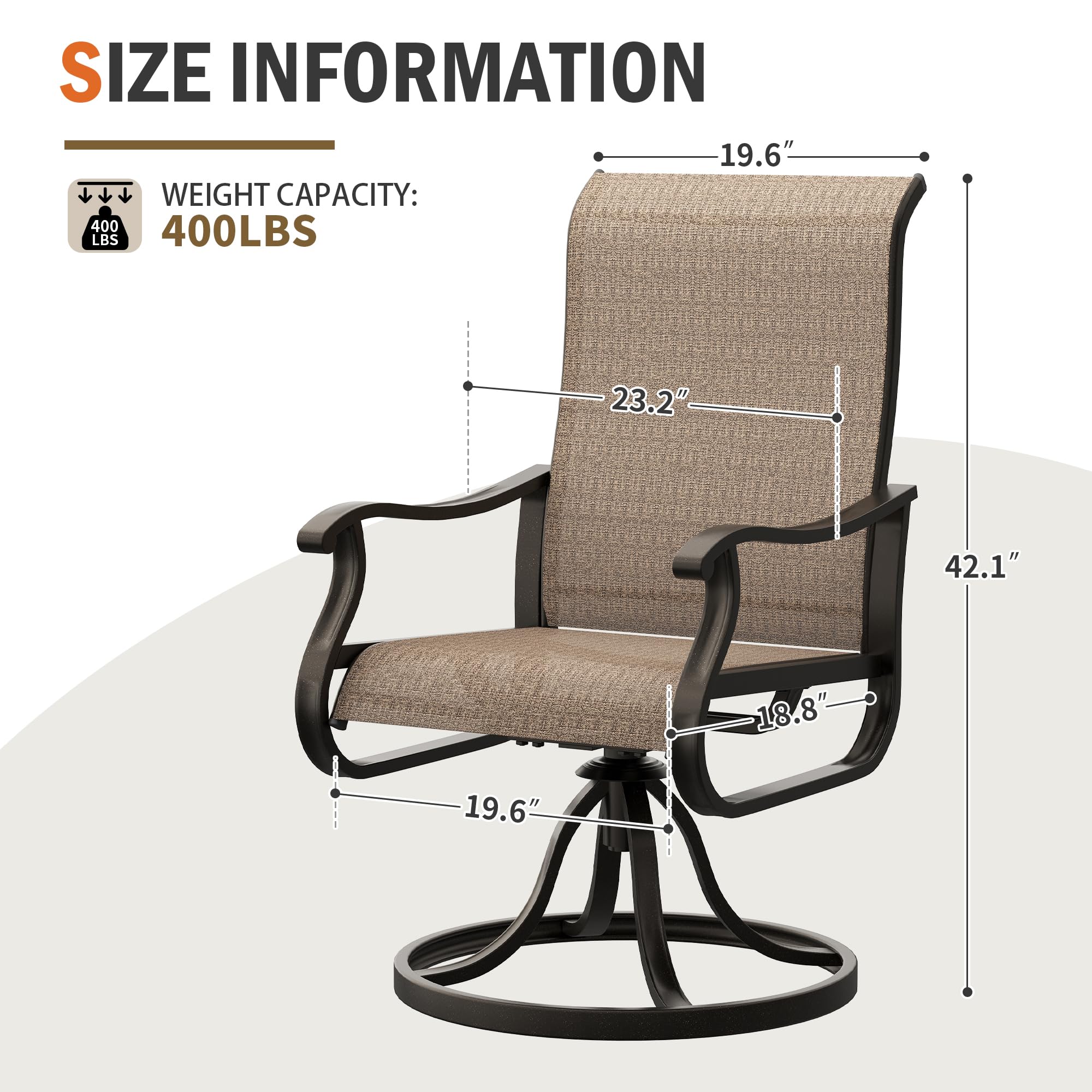 UDPATIO Patio Swivel Chairs Set of 4, Outdoor Patio Dining Chairs with All Weather Textilene Black Metal Frame for Lawn Garden Backyard, Brown